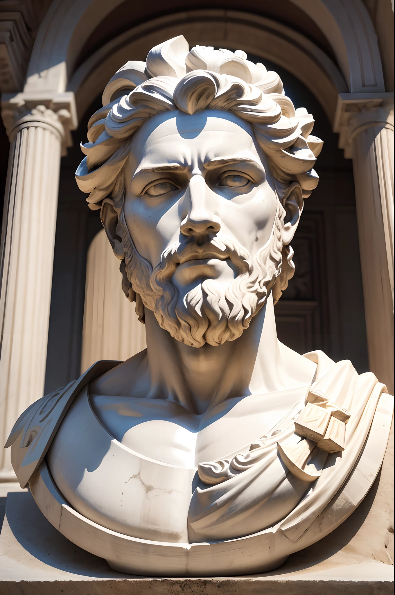 ( Absurdo , alta qualidade , Ultra Detalhado ) A realistic Greek white marble statue of Marcus Aurelius, em uma pose estoica e calma, retratando a filosofia do estoicismo. The statue features a stoic and divine facial expression, displaying a stoic attitude and a serene and confident facial expression at the same time, plus ULTRA REALISTIC face. A imagem apresenta o homem vestindo uma toga romana. Detailed image down to the smallest detail, in a neutral setting, incrivelmente detalhada e hiper-realista, com luzes brilhantes. It has an 8k resolution.