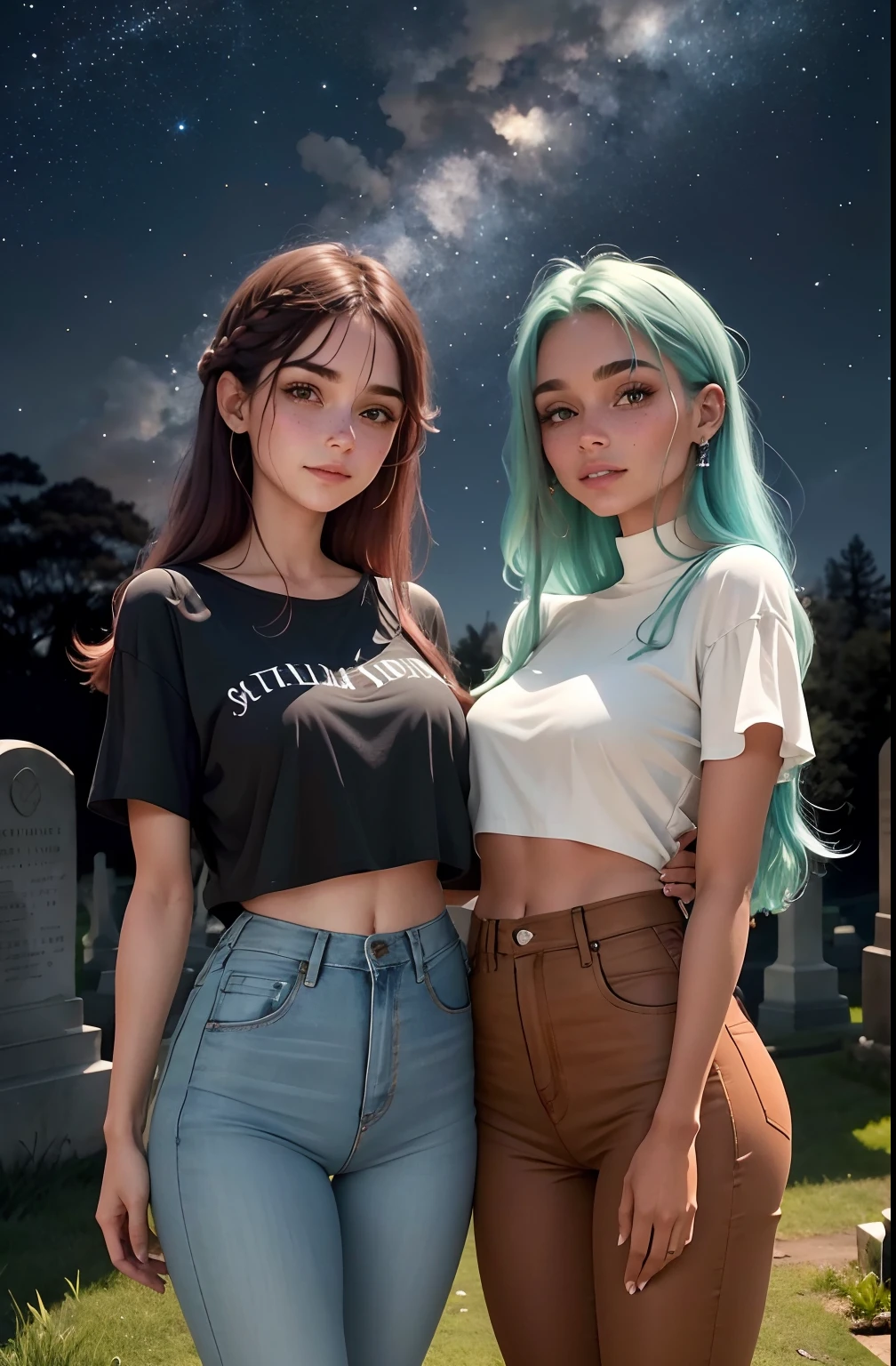 melhor qualidade, realista. 2 garotas de costas uma para a outra, uma garota tem cabelo laranja/ruivo vermelho fogo. A outra garota tem cabelos curtos pretos/verdes com mechas azuis. They are dressed in pants/ saia jeans e cropped, The English girls stand in front of a cemetery, night and starry sky. It's night the night sky is starry. They have hair of different colors as well as skin tone