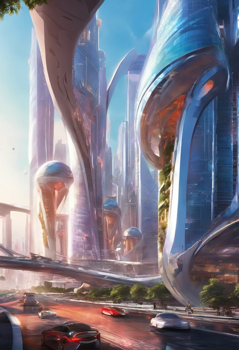 A sprawling futuristic cityscape, ((photorealistic)), ((photograph)), bustling with life and energy, set against a backdrop of gleaming skyscrapers that reach towards the heavens, futuristic transportation systems, such as hovering vehicles or high-speed trains, city is a harmonious blend of cutting-edge technology and organic elements, seamlessly integrating nature within its architecture, ((sleek and polished aesthetic)) inspired by the works of futuristic concept artists like (Syd Mead), ((extremely detailed)), (masterpiece),vibrant color palette that reflects the city's vibrancy, combining neon accents with bold primary colors and hints of natural tones, dynamic streets, wide-angle perspectives and dynamic angles, towering structures