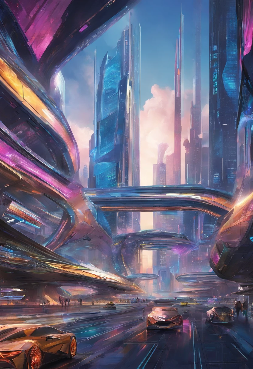 A sprawling futuristic cityscape, ((photorealistic)), ((photograph)), bustling with life and energy, set against a backdrop of gleaming skyscrapers that reach towards the heavens, futuristic transportation systems, such as hovering vehicles or high-speed trains, city is a harmonious blend of cutting-edge technology and organic elements, seamlessly integrating nature within its architecture, ((sleek and polished aesthetic)) inspired by the works of futuristic concept artists like (Syd Mead), ((extremely detailed)), (masterpiece),vibrant color palette that reflects the city's vibrancy, combining neon accents with bold primary colors and hints of natural tones, dynamic streets, wide-angle perspectives and dynamic angles, towering structures