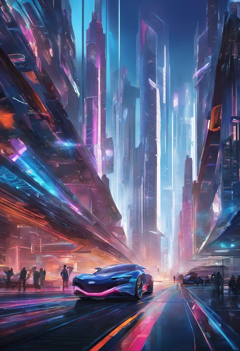 A sprawling futuristic cityscape, ((photorealistic)), ((photograph)), bustling with life and energy, set against a backdrop of gleaming skyscrapers that reach towards the heavens, futuristic transportation systems, such as hovering vehicles or high-speed trains, city is a harmonious blend of cutting-edge technology and organic elements, seamlessly integrating nature within its architecture, ((sleek and polished aesthetic)) inspired by the works of futuristic concept artists like (Syd Mead), ((extremely detailed)), (masterpiece),vibrant color palette that reflects the city's vibrancy, combining neon accents with bold primary colors and hints of natural tones, dynamic streets, wide-angle perspectives and dynamic angles, towering structures