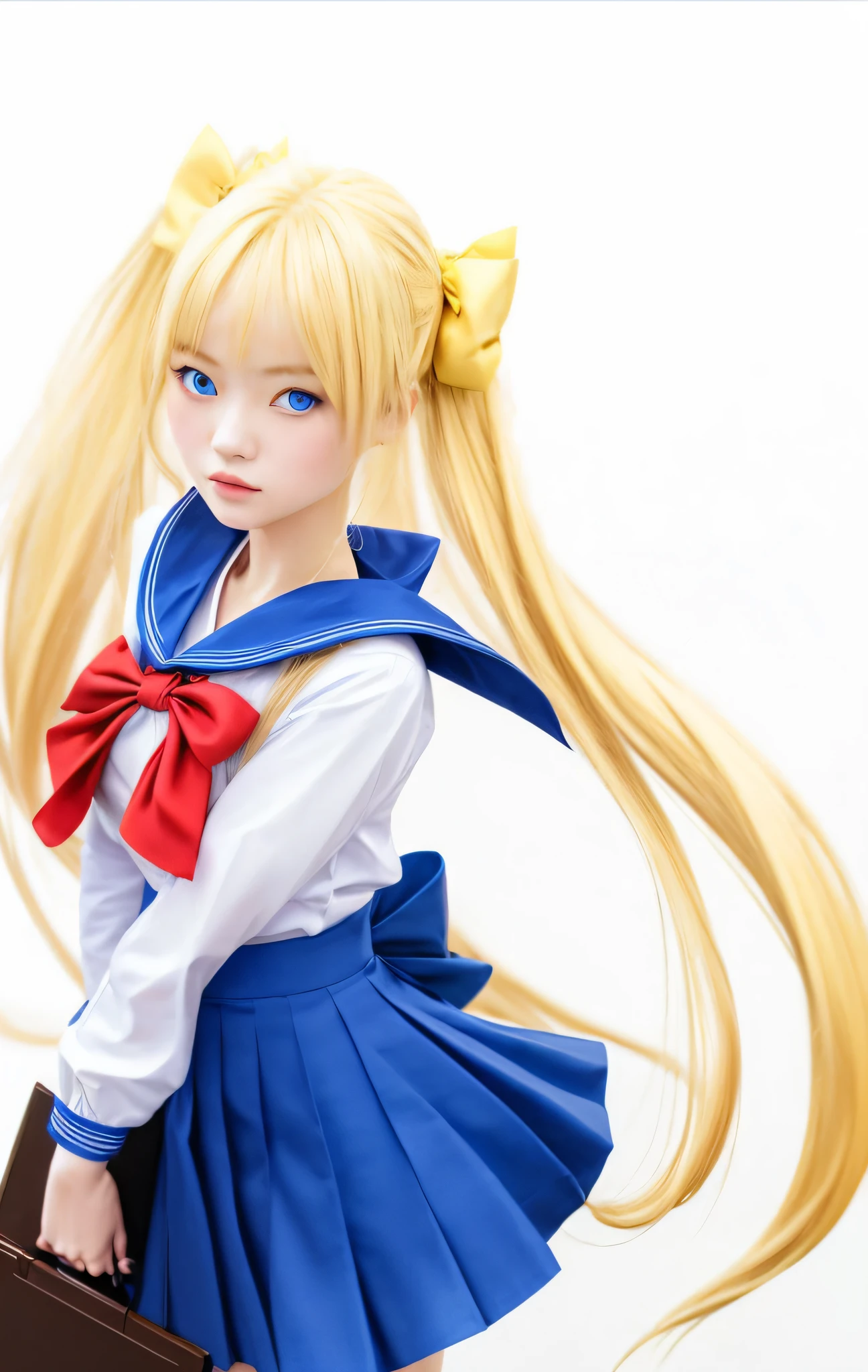 Oriental woman, long blond hair, blue eyes, school clothes, blue skirt, red bow with brooch, holding a folder