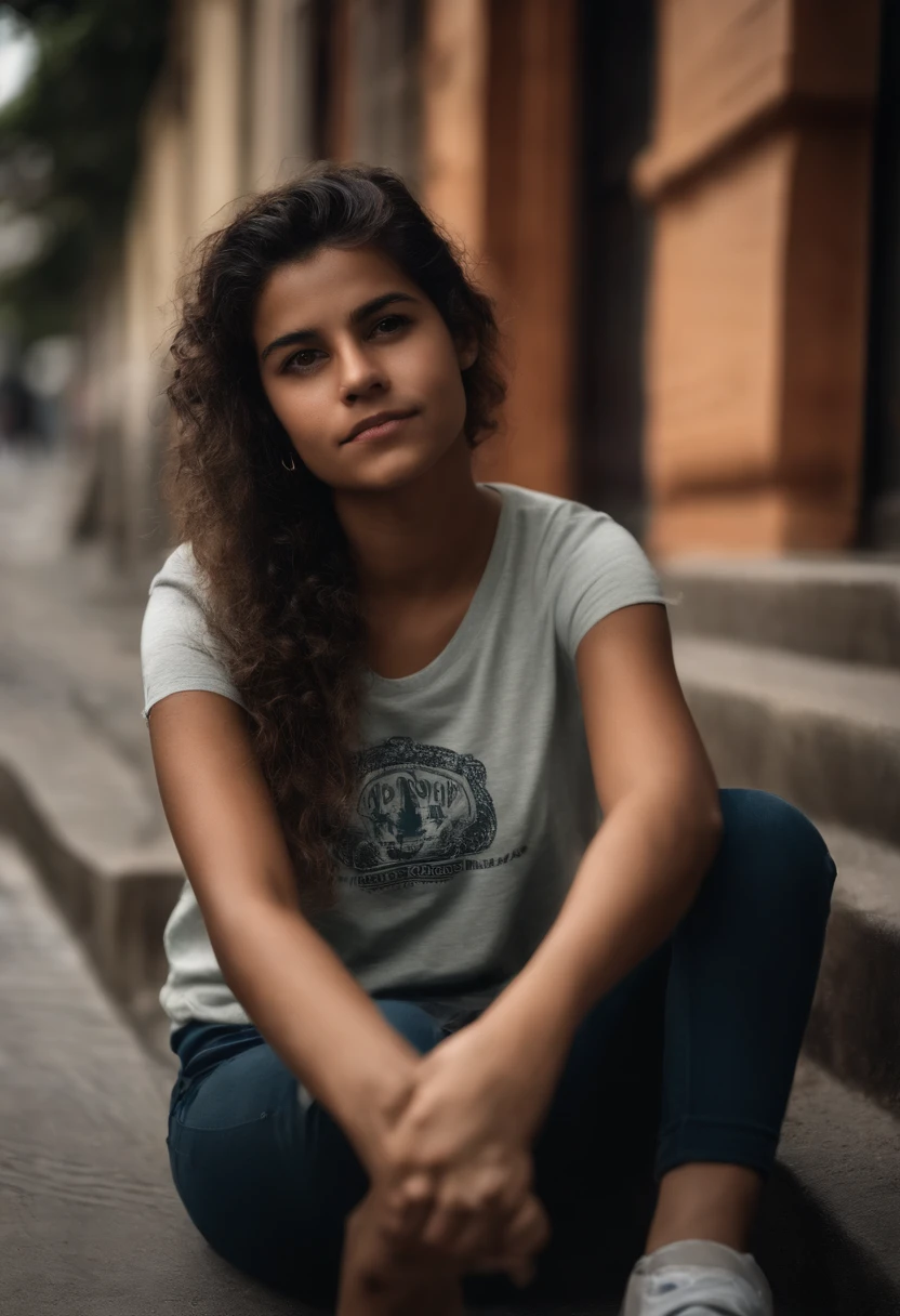 garota, cabelo curto, morena, brasileira, , sitting on the sidewalk, usando camiseta folgada, calcinha branca, sem saia