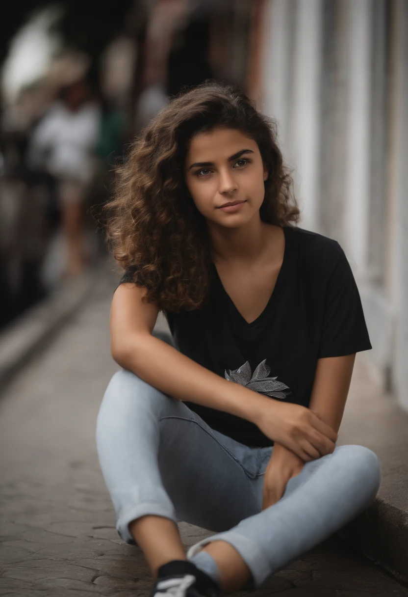 garota, cabelo curto, morena, brasileira, 14 anos, sitting on the sidewalk, usando camiseta folgada, calcinha branca, sem saia