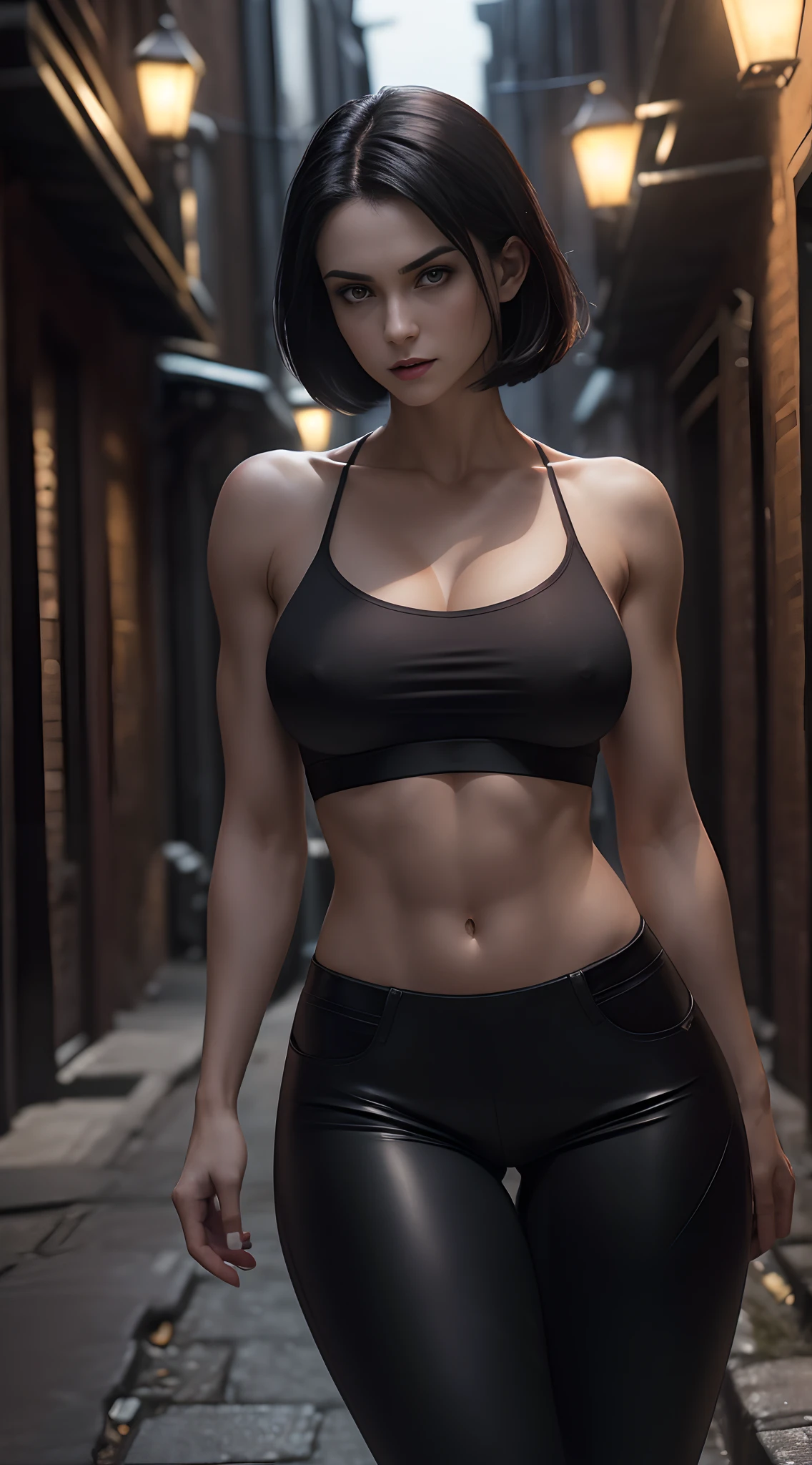 (A beautiful 25 years old British Female Vampire Mercenary:1.4), (Short Wolfcut Black Hair), (Pale Skin), (Busty Cup Size:1.2), (Athletic Body Builds:1.2), (Serious Face), (Wearing Black Tanktop and Black Tight Long Pants), (Dimly Lit City Alley at Night:1.4), (Sexy Pose:1.2), Intricate Face Detail, Intricate Hand Details, Chiaroscuro Lighting, Photorealistic Production, Cinematic Shot and Lighting, Realistic Colors, Masterpiece, Sharp Focus, Ultra Detailed, Ultrarealistic Photography, Canon EF F/1.2L 100mm Lens, Depth of Field, Incredibly Realistic Environment and Scene, Master Composition and Cinematography