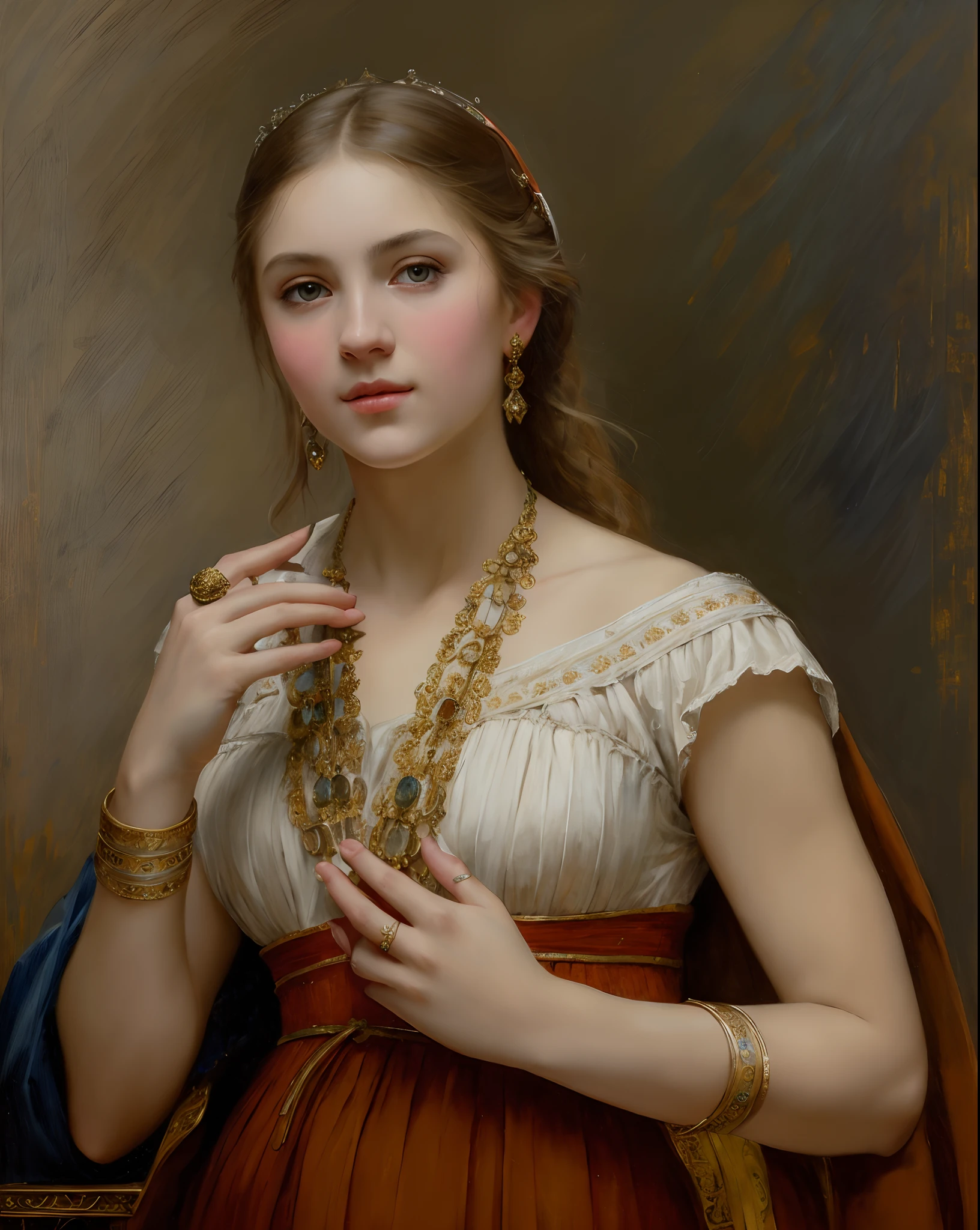 Masterpiece, portrait, girl, middle ages, classicism, andrey atroshenko style, painting, traditional media, realistic, figurative, fine art, oil on canvas, HDR, 8K, original character, high resolution, high detail, focus on the face, intricate, flawless