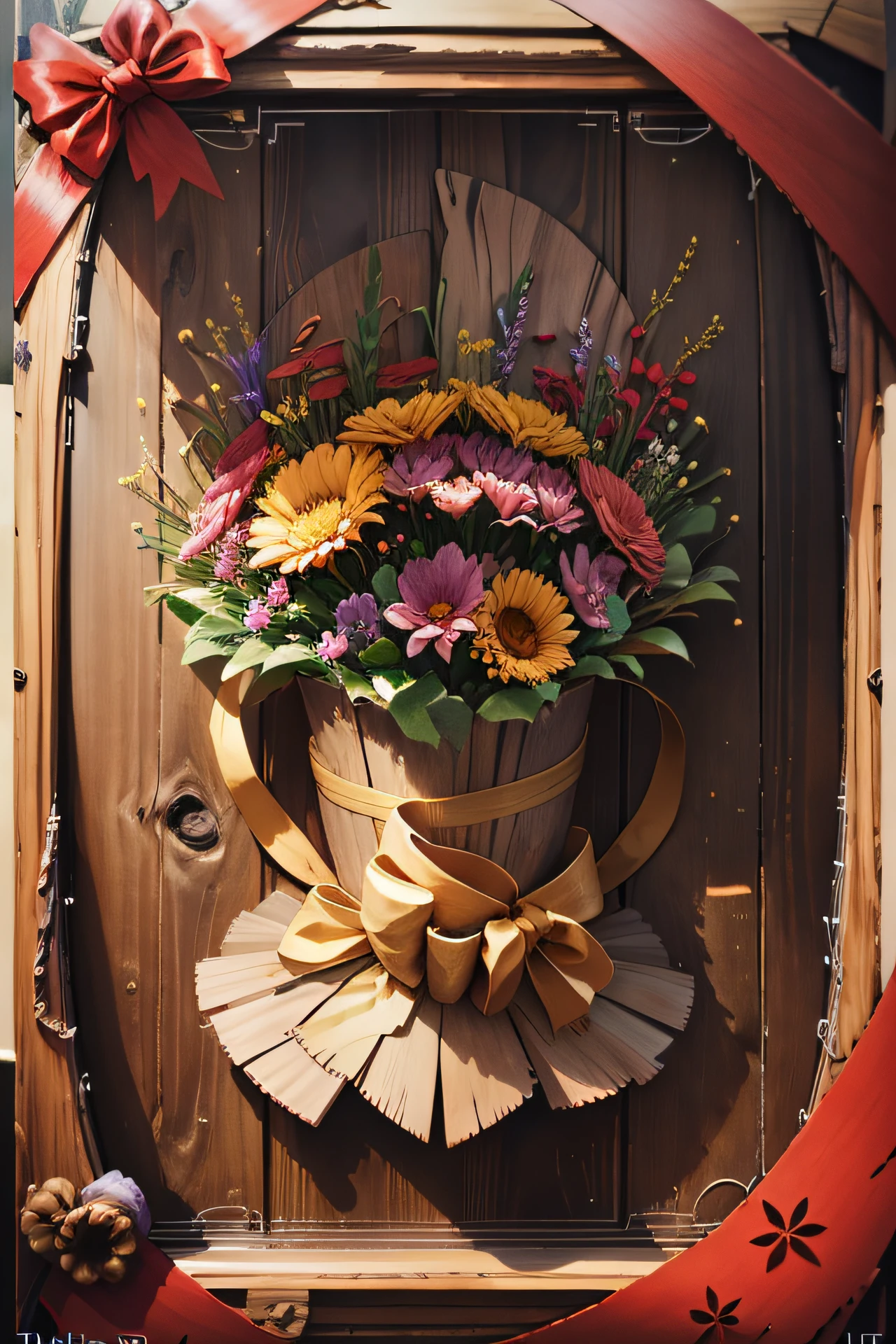 the gift box with flowers and a very beautiful bow and wooden appearance
