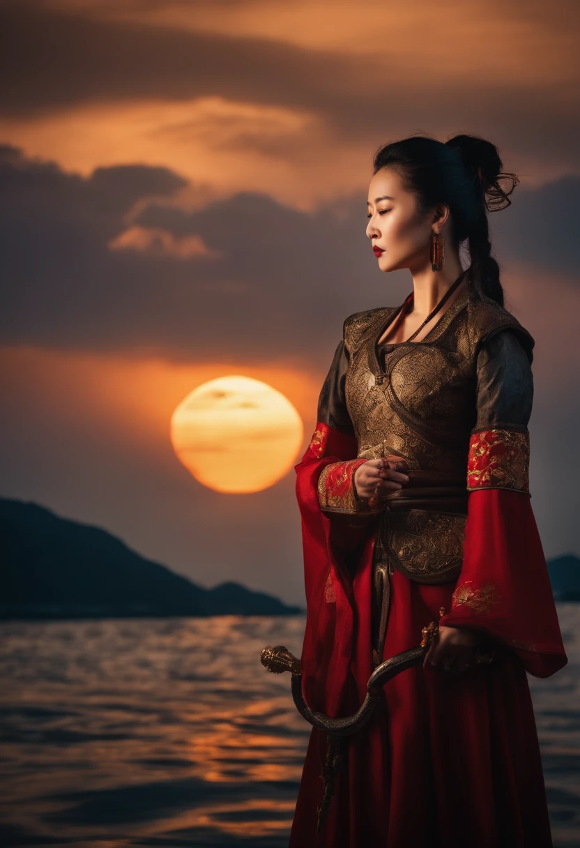 ancient chinese pirate on her ship with her sword in hands at dusk