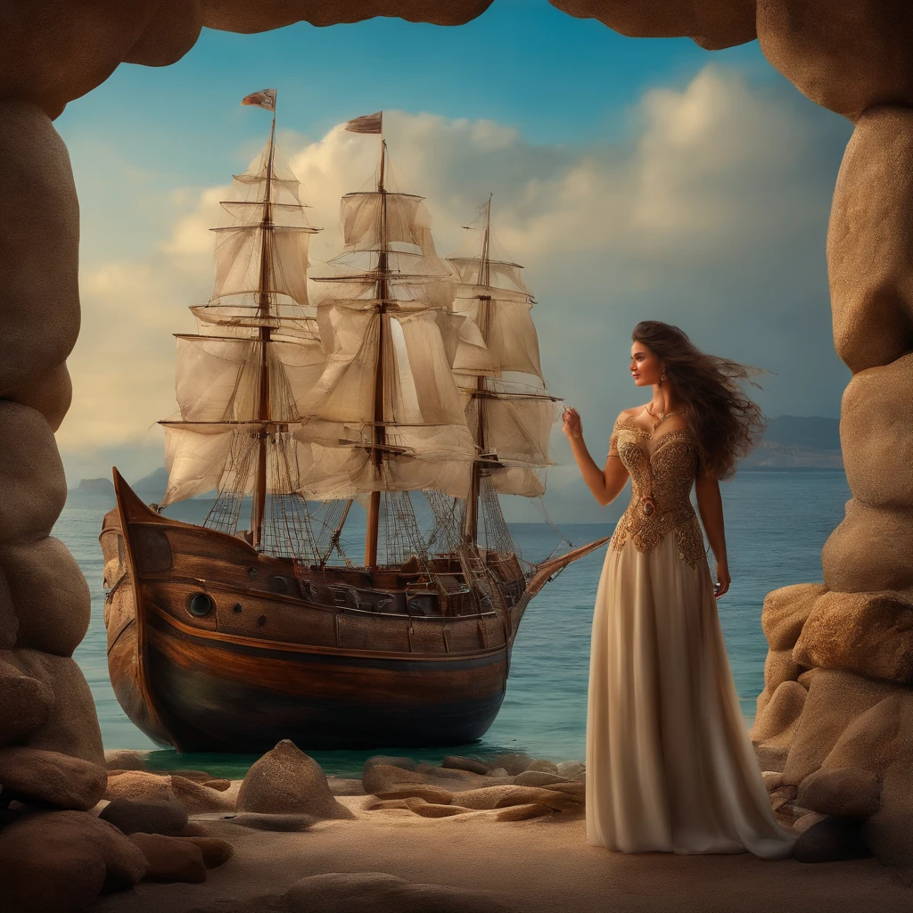 Sereia loira com olhos azuis. hugged by a ship captain. seaside scene with stones holds a mirror which is obderva