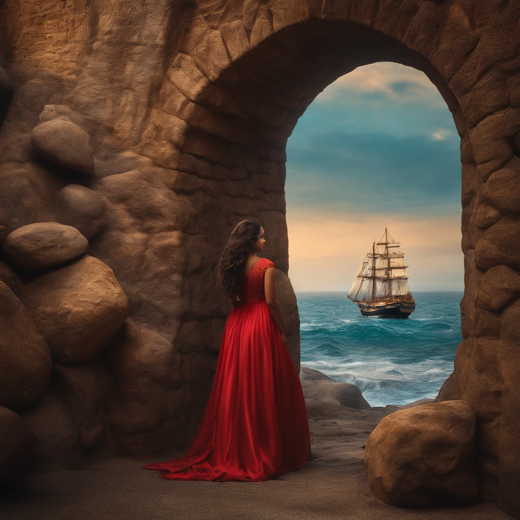 Sereia loira com olhos azuis. hugged by a ship captain. seaside scene with stones holds a mirror which is obderva