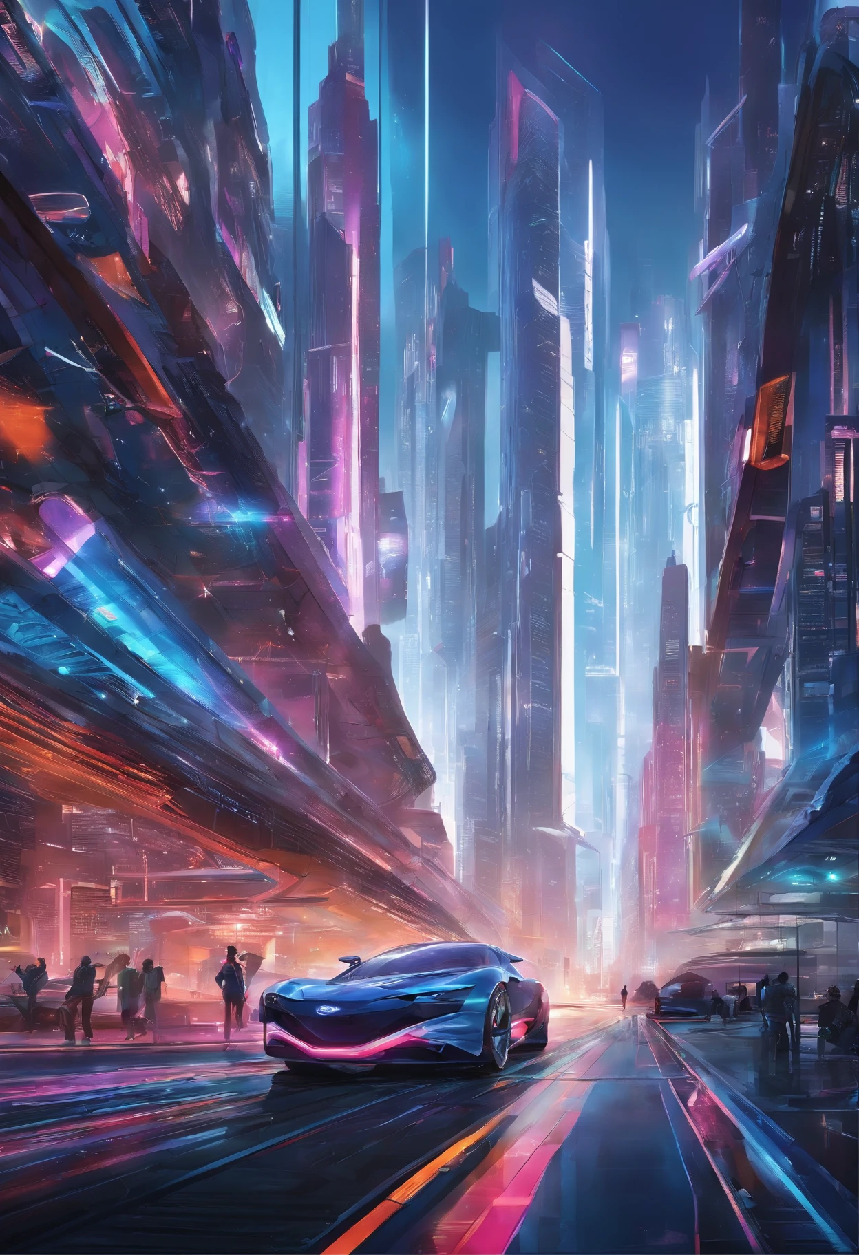 A sprawling futuristic cityscape, ((photorealistic)), ((photograph)), bustling with life and energy, set against a backdrop of gleaming skyscrapers that reach towards the heavens, futuristic transportation systems, such as hovering vehicles or high-speed trains, city is a harmonious blend of cutting-edge technology and organic elements, seamlessly integrating nature within its architecture, ((sleek and polished aesthetic)) inspired by the works of futuristic concept artists like (Syd Mead), ((extremely detailed)), (masterpiece),vibrant color palette that reflects the city's vibrancy, combining neon accents with bold primary colors and hints of natural tones, dynamic streets, wide-angle perspectives and dynamic angles, towering structures