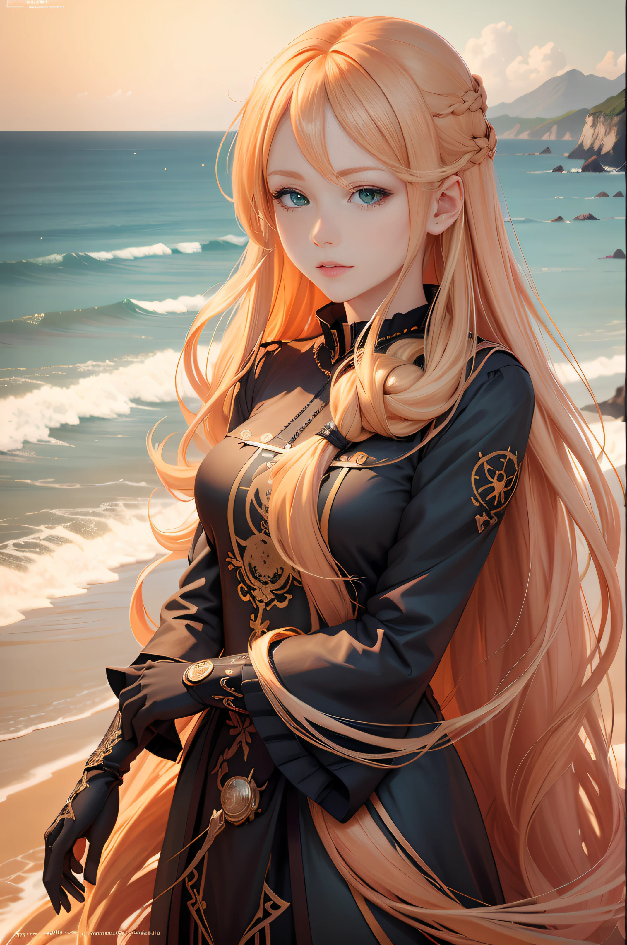anime girl with long orange hair standing on beach near ocean, green eyes detailed digital anime art, anime girl with long hair, smooth anime cg art, anime girl with long hair, digital anime art, artwork in the style of guweiz, beautiful anime portrait, photorealistic anime girl render, beautiful anime girl, advanced digital anime art, guweiz on artstation pixiv