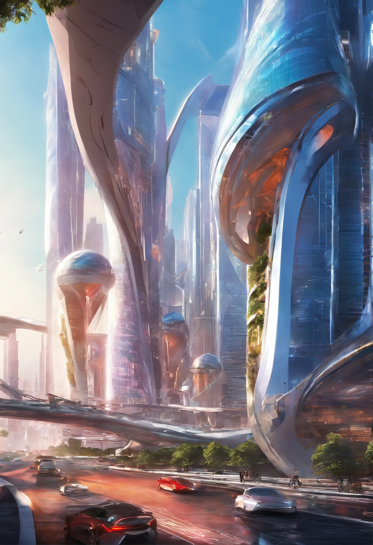 A sprawling futuristic cityscape, ((photorealistic)), ((photograph)), bustling with life and energy, set against a backdrop of gleaming skyscrapers that reach towards the heavens, futuristic transportation systems, such as hovering vehicles or high-speed trains, city is a harmonious blend of cutting-edge technology and organic elements, seamlessly integrating nature within its architecture, ((sleek and polished aesthetic)) inspired by the works of futuristic concept artists like (Syd Mead), ((extremely detailed)), (masterpiece),vibrant color palette that reflects the city's vibrancy, combining neon accents with bold primary colors and hints of natural tones, dynamic streets, wide-angle perspectives and dynamic angles, towering structures