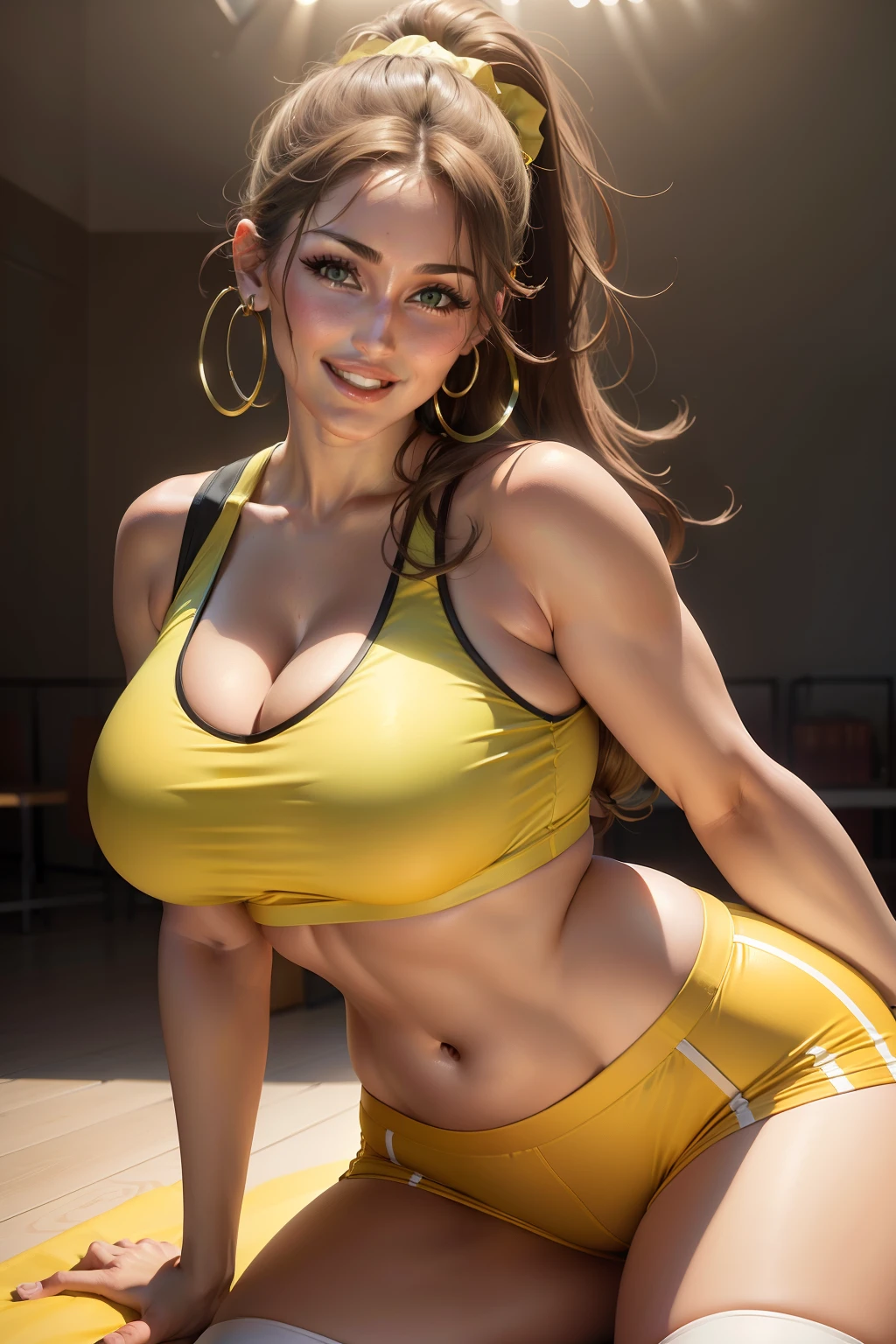 lucy pinder, portrait, face portrait, hoop earrings, smiling, cleavage, ponytail, yellow crop top, green shorts, white stockings, football player, voluptuous, red lips.
