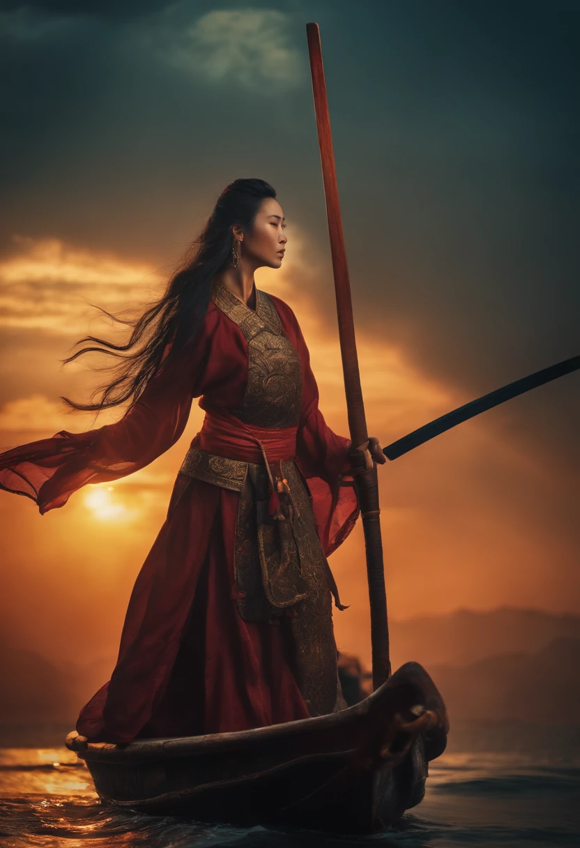 ancient chinese pirate on her ship with her sword in hands at dusk