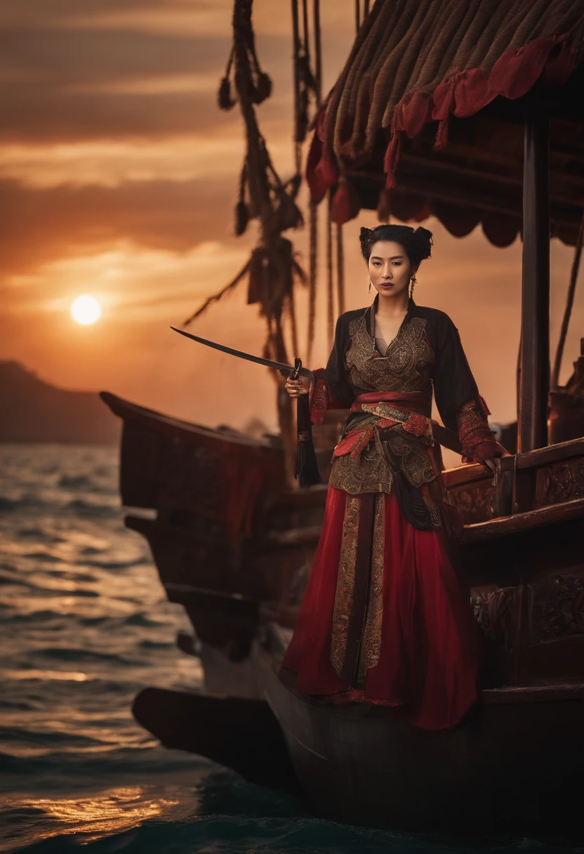 ancient chinese pirate on her ship with her sword in hands at dusk