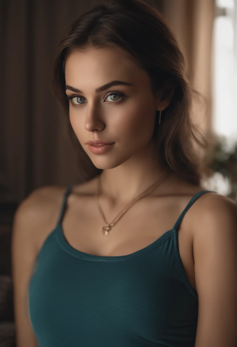 arafed woman with a blue tank top and a necklace, in the bedroom, sexy girl with green eyes, portrait sophie mudd, brown hair and large eyes, super realistic, 4k, selfie of a young woman, bedroom eyes, violet myers, without makeup, natural makeup, looking directly at the camera, face with artgram, subtle makeup, stunning full body shot, piercing green eyes, beautiful angle, attractive pose, cute girl, sexy pose, full body picture, full body, full body shoot, brunette goddess, high detail, satisfied pose, wearing blue tank topl and bikini, and boots