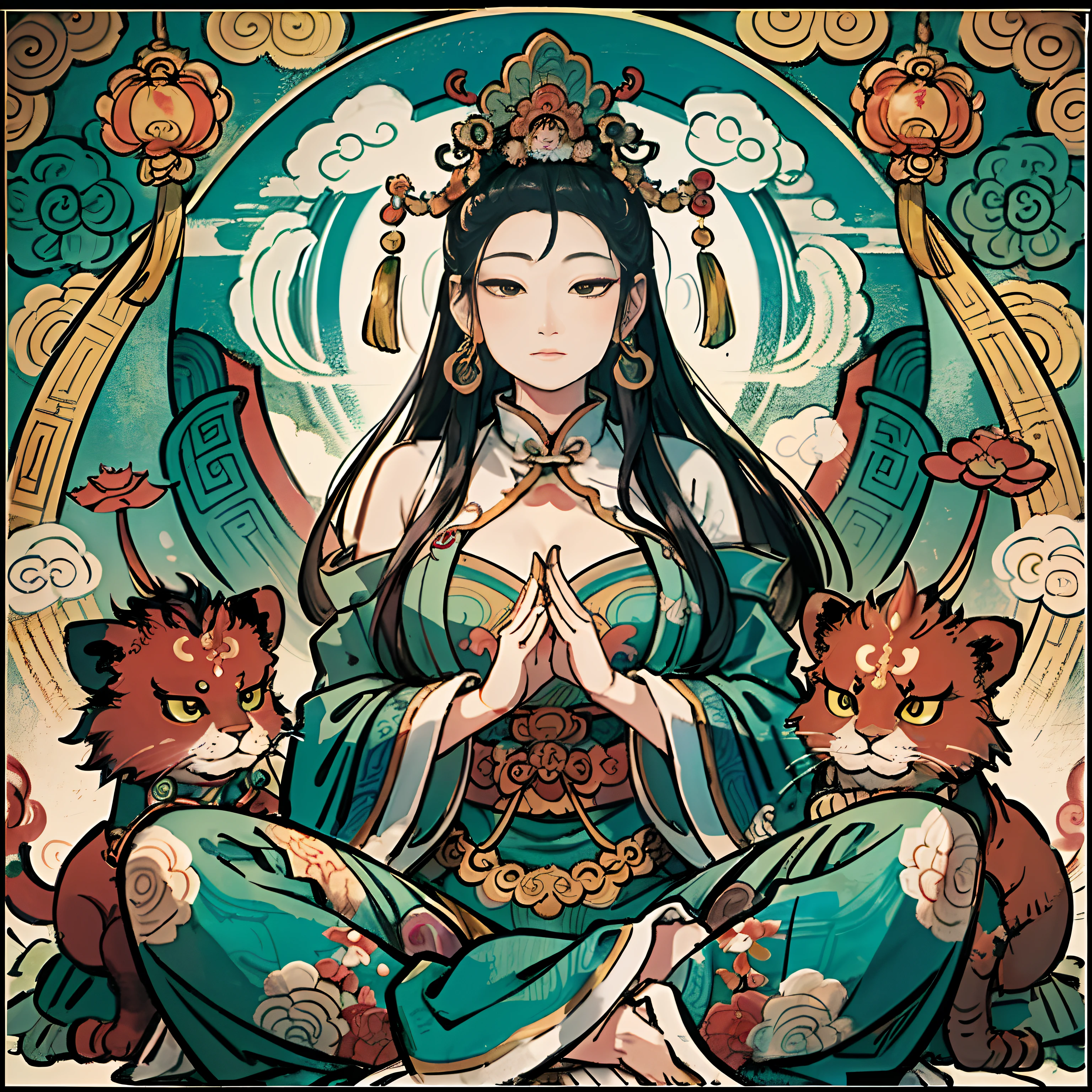 an ancient Chinese goddess, guanyin of the southern seas, Guanyin, Inspired by India, Avalokiteshvara Bodhisattva Lion,,Serene expression,shui mo hua,Buddha,Buddhist,Lotus,Chinese painting style,Thangka style
