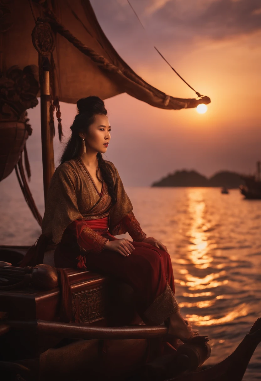 ancient chinese pirate sitting on her ship with her sword in hands at dusk