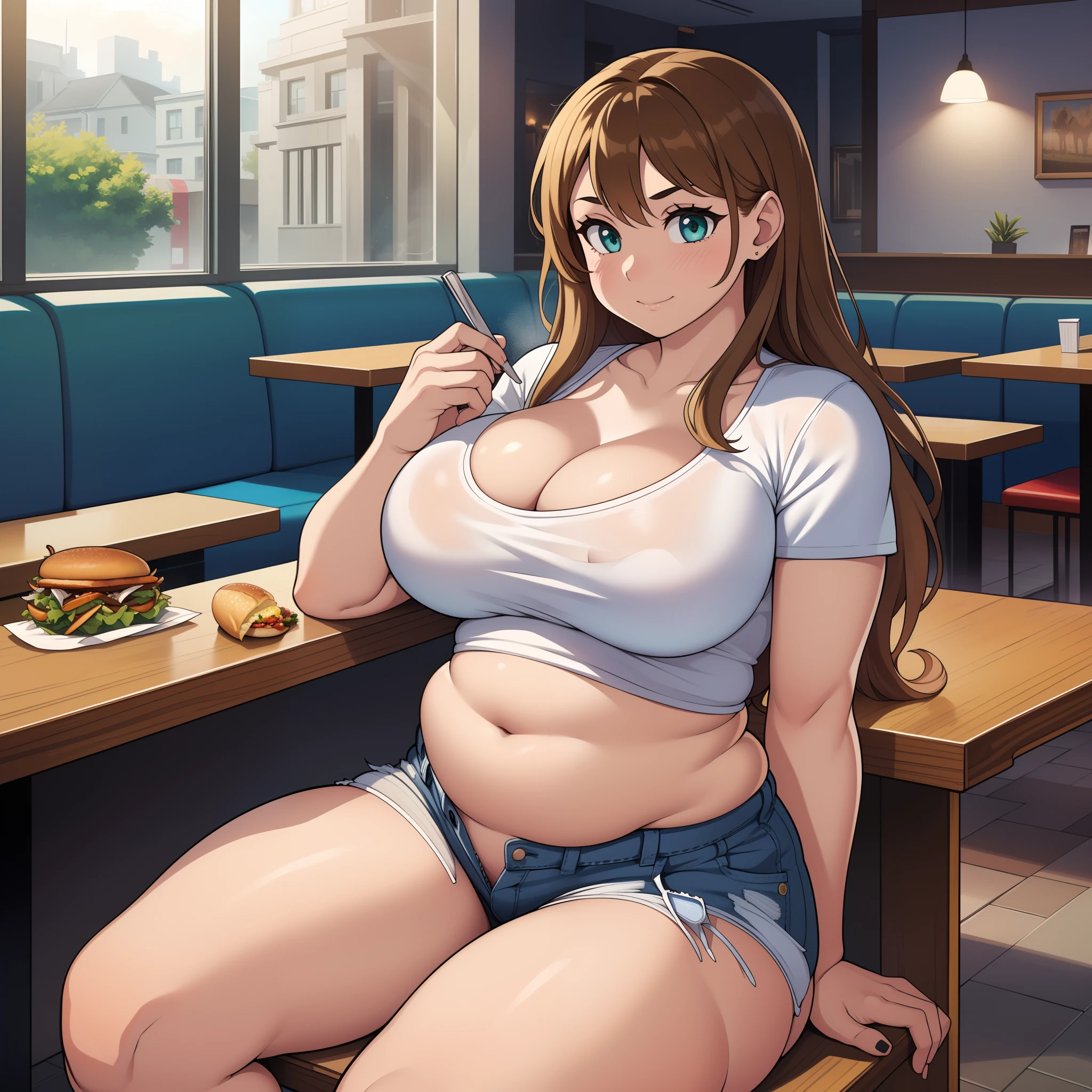 ((highres)), Masterpiece, high quality, best quality, beautiful, perfect lighting, detailed face, ultra cute face, ((2girls)), one girl has blonde hair, blue eyes, crop top and shorts skindentation, one girl has brown hair, green eyes, jeans, white shirt, thighs clothes, full body, fast food restaurant, medium breasts, perky breasts, cleavage, ((wide hips)), ((thick thighs)), thicc, ass, ((chubby)), pudgy belly, fat folds, sitting at table, (belly grab)