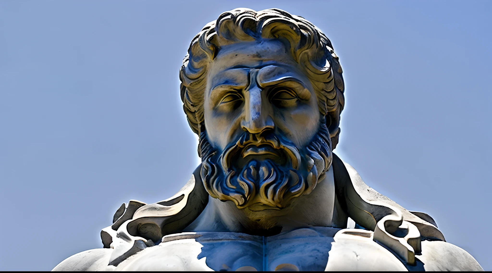 a marble statue of greek hero hercules, with an aggressive facial expression, holding a sword