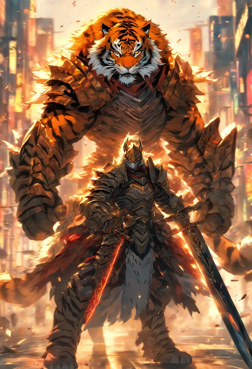 Tiger knight wearing battle armor carrying a sword, on the road