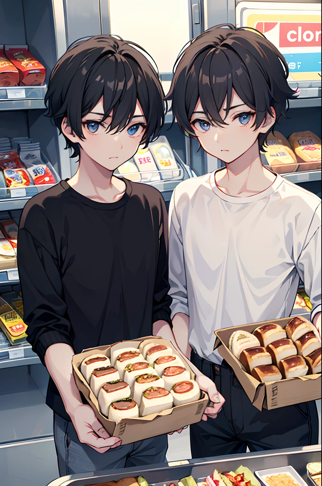 twinks　male people　A dark-haired　Short hair　Buy sandwiches at the supermarket　​masterpiece　Top image quality　Darken shading(light)　Clear　cinematic shadow　Increased attractiveness of the eyes　{Perfect face} 　Clear the shine of the eyes　Draw eyelashes neatly