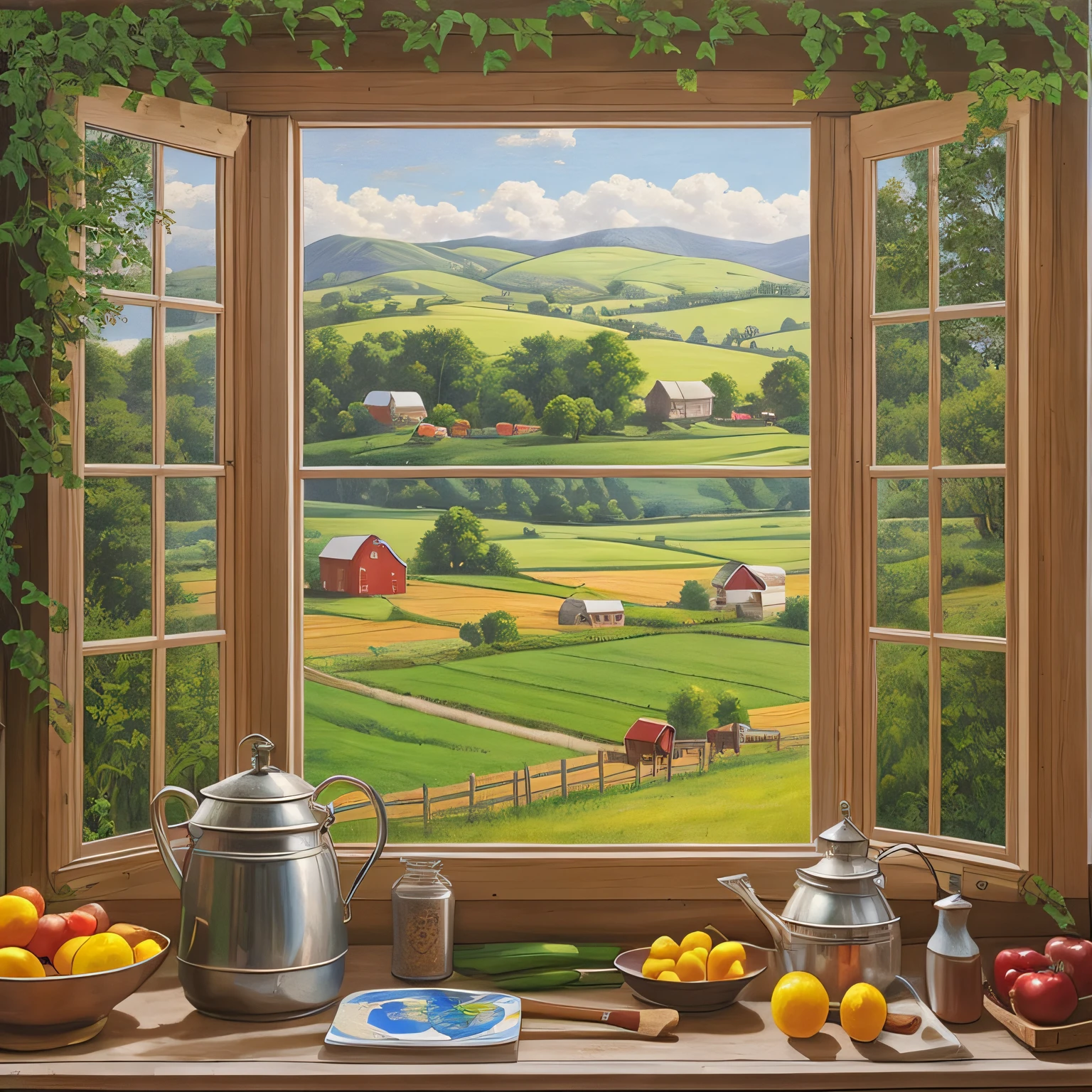 there is a painting of a farm scene with a window, rural splendor, by Rob Alexander, by Susan Heidi, by Laura Wheeler Waring, by David B. Mattingly, idyllic and fruitful land, inspired by Terry Redlin, by David G. Sorensen, by Wayne England, window view, vista view, by Ronald Davis, scenery artwork, by Jennifer Bartlett