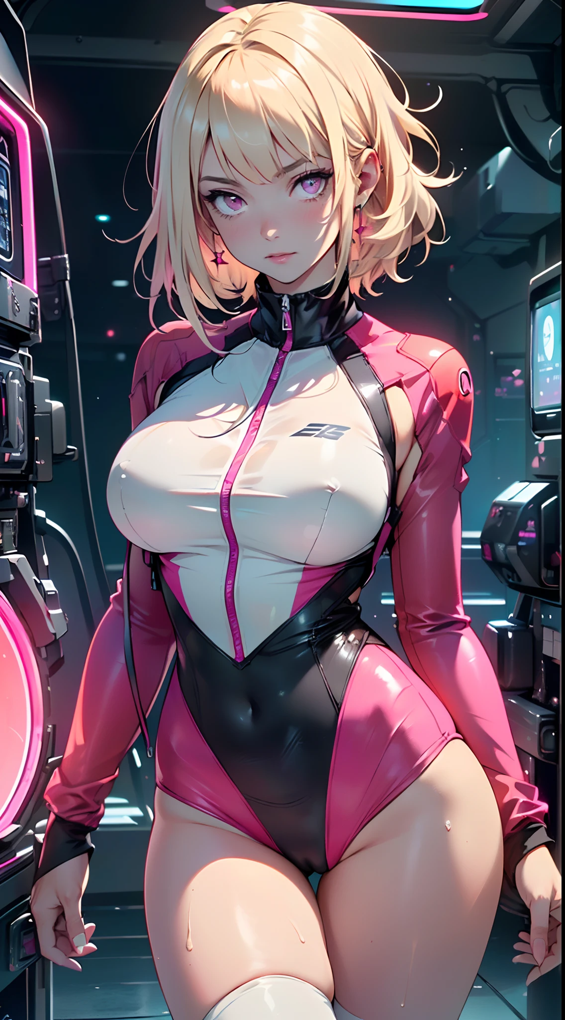 girl swimmer,((girl with extremely cute and beautiful blonde hair)),
(large breasts:1.4),saggy breasts,(((very light blonde hair:1.35,straight hair,long hair:1.4,colored inner hair,ear breathing))),(((neon_pink_eyes:1.3))),intricate eyes,beautiful detailed eyes,symmetrical eyes,((fat)),(((lustrous skin:1.5,bright skin: 1.5,skin tanned,shiny skin,very shiny skin,shiny body,plastic glitter skin,exaggerated shiny skin,illuminated skin, wet legs))),(spider lower abdomen,narrow waist,wide hip,athletic body,inflated legs,detailed body,(detailed face)),
cute,slutty,seductive,erotic,(((nsfw))),
zettai ryouiki,((one-piece_swimsuit magenta,wearing a one-piece_swimsuit outfit:1.3,swimsuit type spacesuit,magenta armor swimsuit:1.3)),((wet clothes,intricate outfit,intricate clothes)),
(dynamic pose:1.0),embarrassed,(centered,scale to fit dimensions,Rule of thirds),
cyberpunk city by the ocean at night, with bright neon signs and dark stormy clouds and puddles, scenery:1.25,
artistic photography,(photography taken by sldr),highres, sharp focus, (ultra detailed, extremely detailed), (photorealistic artwork:1.37),(extremely detailed CG unity 8k wallpaper),((synthwave background theme)),(((vibrant colors))),(intricate background),(masterpiece),(best quality),