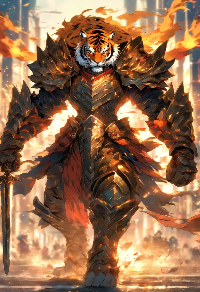 Tiger knight wearing battle armor carrying a sword, on the road, stand