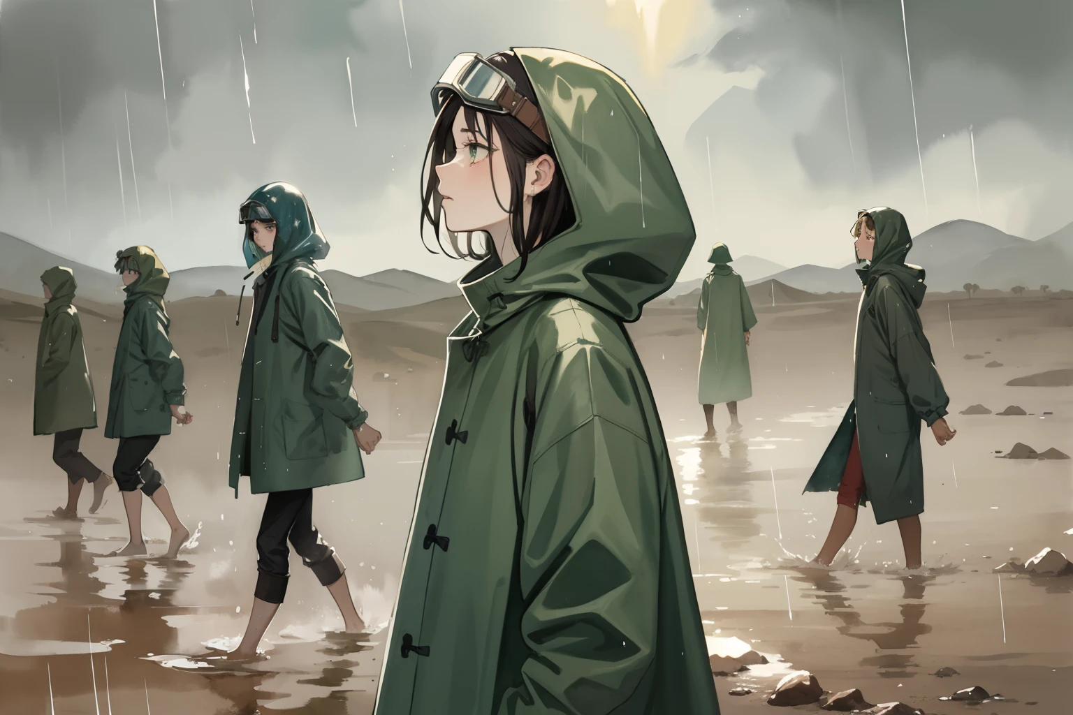 masterpiece, best quality, a group of girls, procession, (closeup face), 18yo , slim, small breast, side view, walk, scared, tired, dirty face, green raincoat, goggles on head, backpacks, rain, wasteland, desert, desolate, river, rain, dark, soft light, watercolor