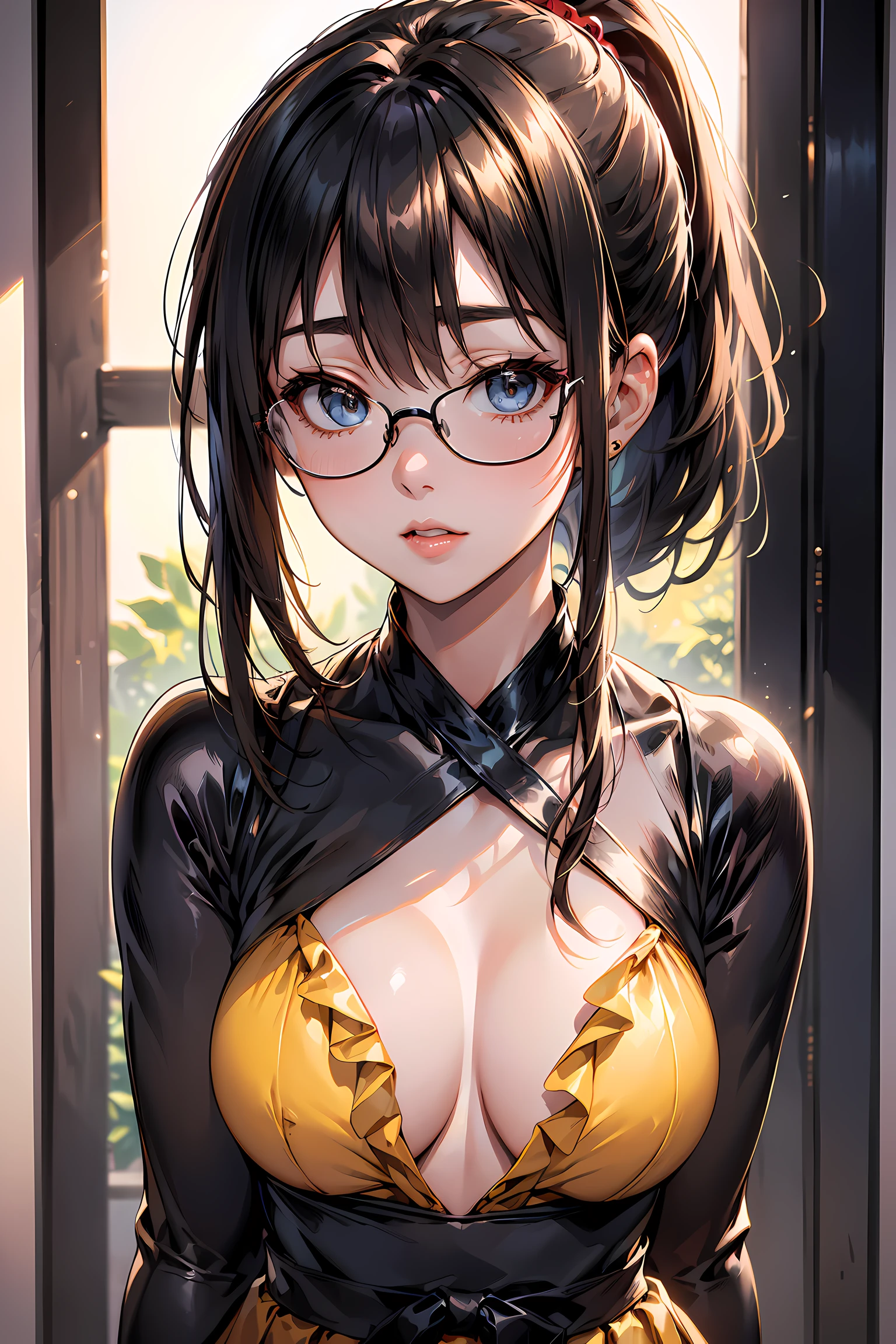 (1glasses girl:1.3, solo), (Audrey Hepburn:1.3), (a extremely pretty and beautiful Japanese woman), (sexy girl), (professional attire:1.3), (22 years old: 1.1), (arms behind back between legs:1.3), (attractive random posing:1.3), (in the queen's room:1.3), (looking straight at you:1.3), (starring at you:1.3), (front view:1.3), break, (ponytail:1.3), (shiny-black thin hair:1.2), bangs, dark brown eyes, beautiful eyes, princess eyes, (big eyes:1.3), bangs, wearing a glasses:1.3, Hair between eyes, short hair:1.3, (slender:1.1), (small-medium-breasts:0.95), (thin waist: 1.15), (detailed beautiful girl: 1.4), Parted lips, Red lips, full-make-up face, (shiny skin), ((Perfect Female Body)), (upper body image:1.3), Perfect Anatomy, Perfect Proportions, (most beautiful Korean actress face:1.3, extremely cute and beautiful Japanese actress face:1.3), BREAK, (View viewer, wearing a embroidery frills sexy teacher uniform, (insanely detailed elegant outfit:1.3), (halter-neck princess dress:1.3), (halter-neck dress:1.3), (yellow dress:1.3), (high-waist-frill-skirt:1.3), detailed clothes, BREAK, (detailed classy queen's room background:1.2), (dark background), (Studio soft lighting: 1.3), (fake lights: 1.3), (backlight: 1.3), BREAK, (Realistic, Photorealistic: 1.37), (Masterpiece, Best Quality: 1.2), (Ultra High Resolution: 1.2), (RAW Photo: 1.2), (Sharp Focus: 1.3), (Face Focus: 1.2), (Ultra Detailed CG Unified 8k Wallpaper: 1.2), (Beautiful Skin: 1.2), (pale Skin: 1.3), (Hyper Sharp Focus: 1.5), (Ultra Sharp Focus: 1.5), (Beautiful pretty face: 1.3), (super detailed background, detail background: 1.3), Ultra Realistic Photo, Hyper Sharp Image, Hyper Detail Image,
