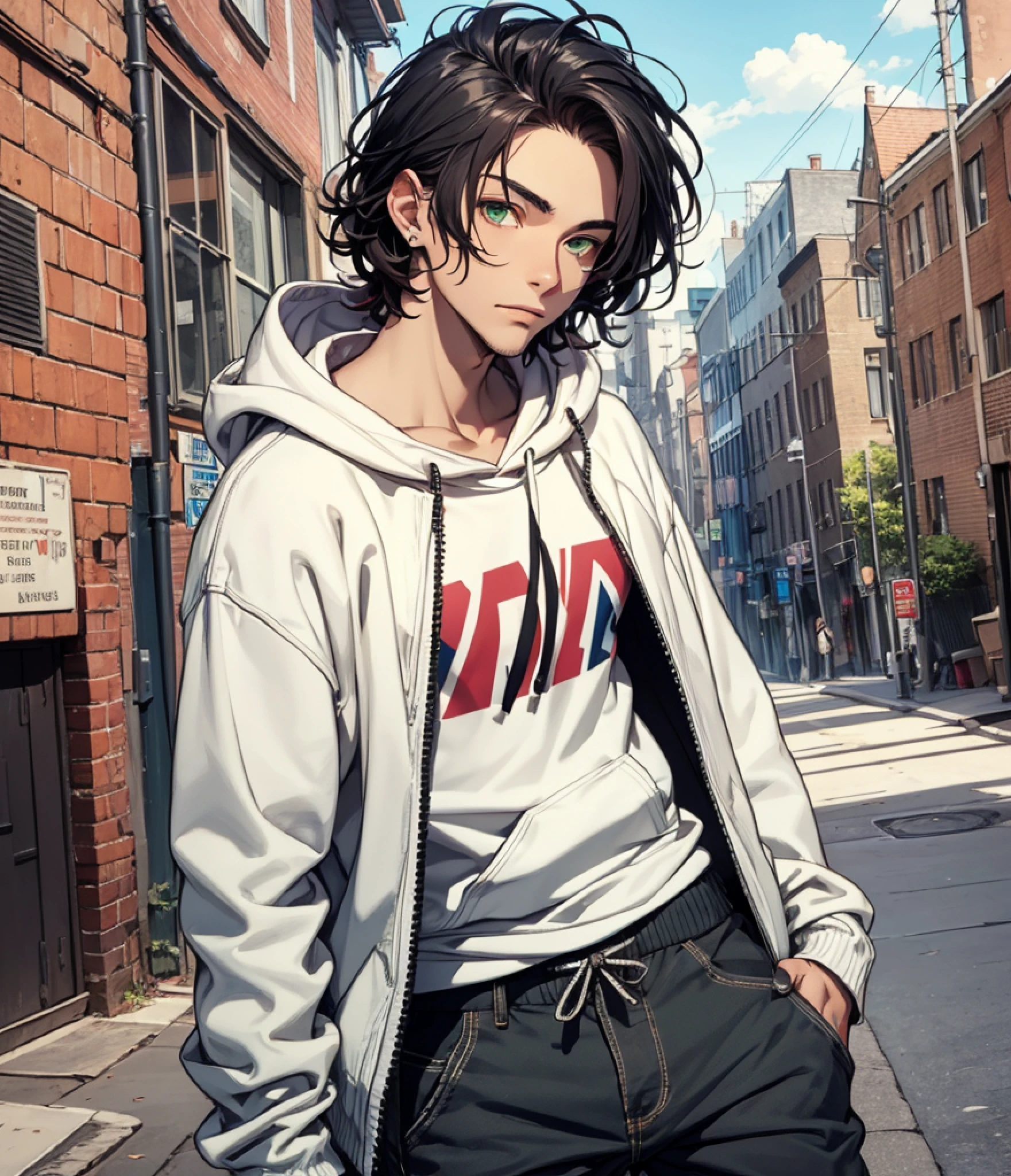 young man, skinny, medium wavy bown hair, green eyes, hoodie