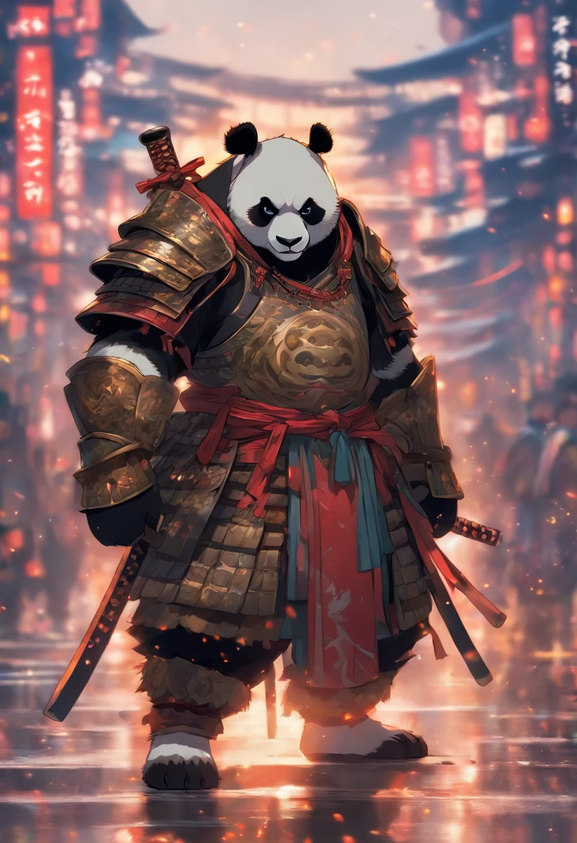 Panda wearing samurai armor, standing, on the road, stunning style