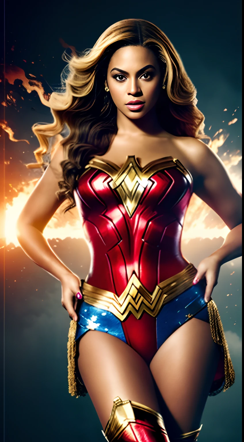 Photo of beyoncé, with details, , with details, accessories, wonder woman outfit, superhero extravagance, FULL BODY texture 4K, high quality, gorgeous hairstyle, 8k image, high image quality,
