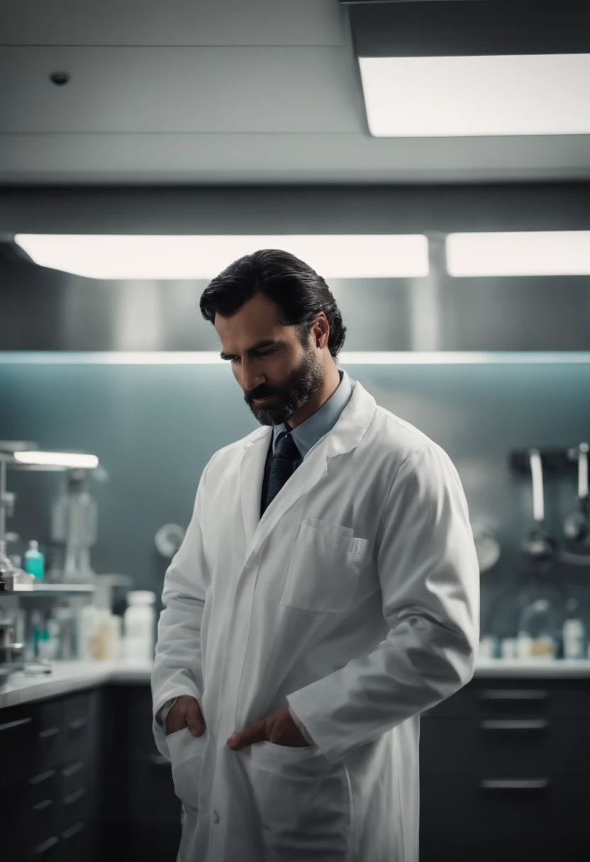 Man, surgeon, Genetic research, long black hair, lab coat, dark brown hair