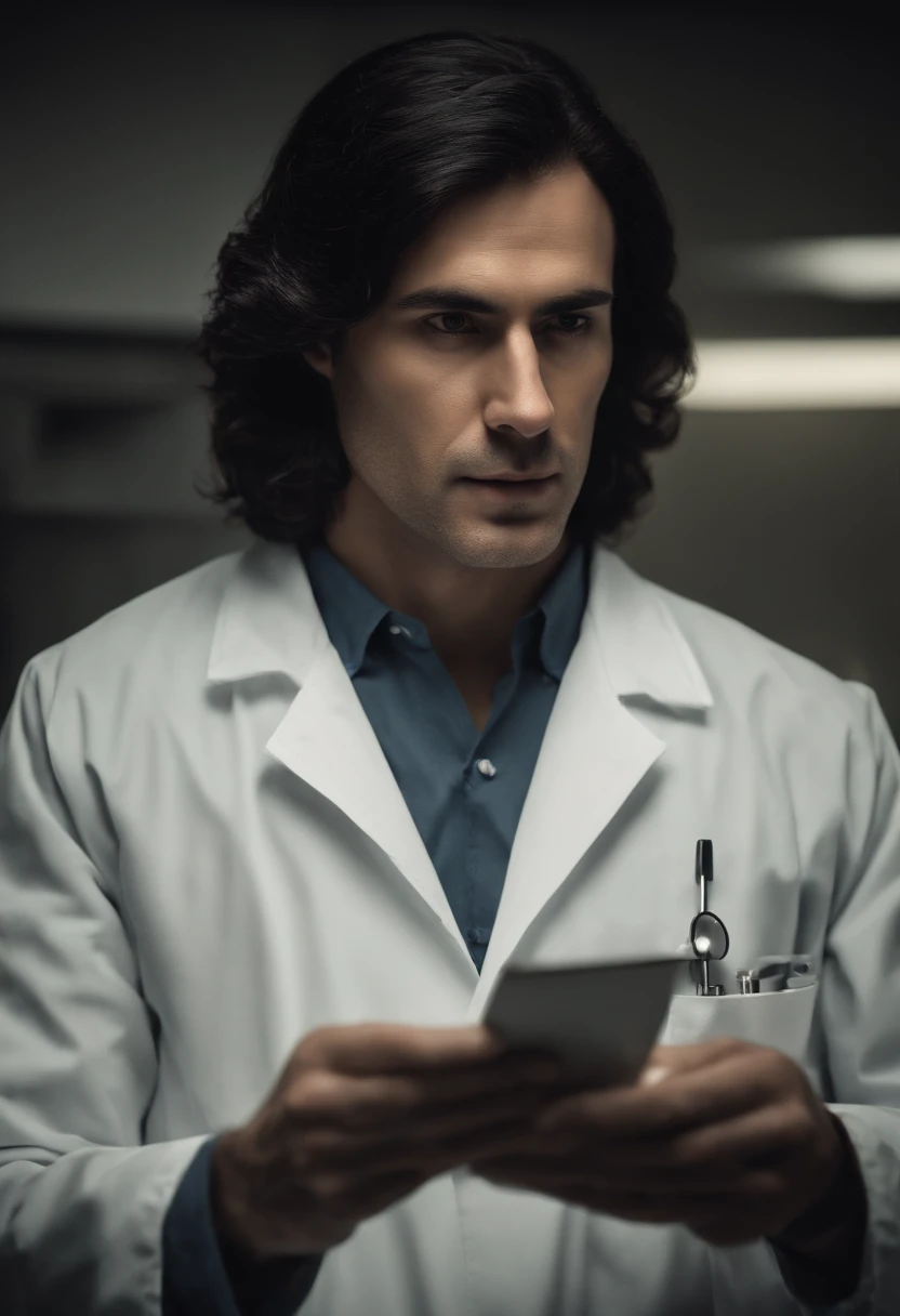 Man, surgeon, Genetic research, long black hair, lab coat, dark brown hair
