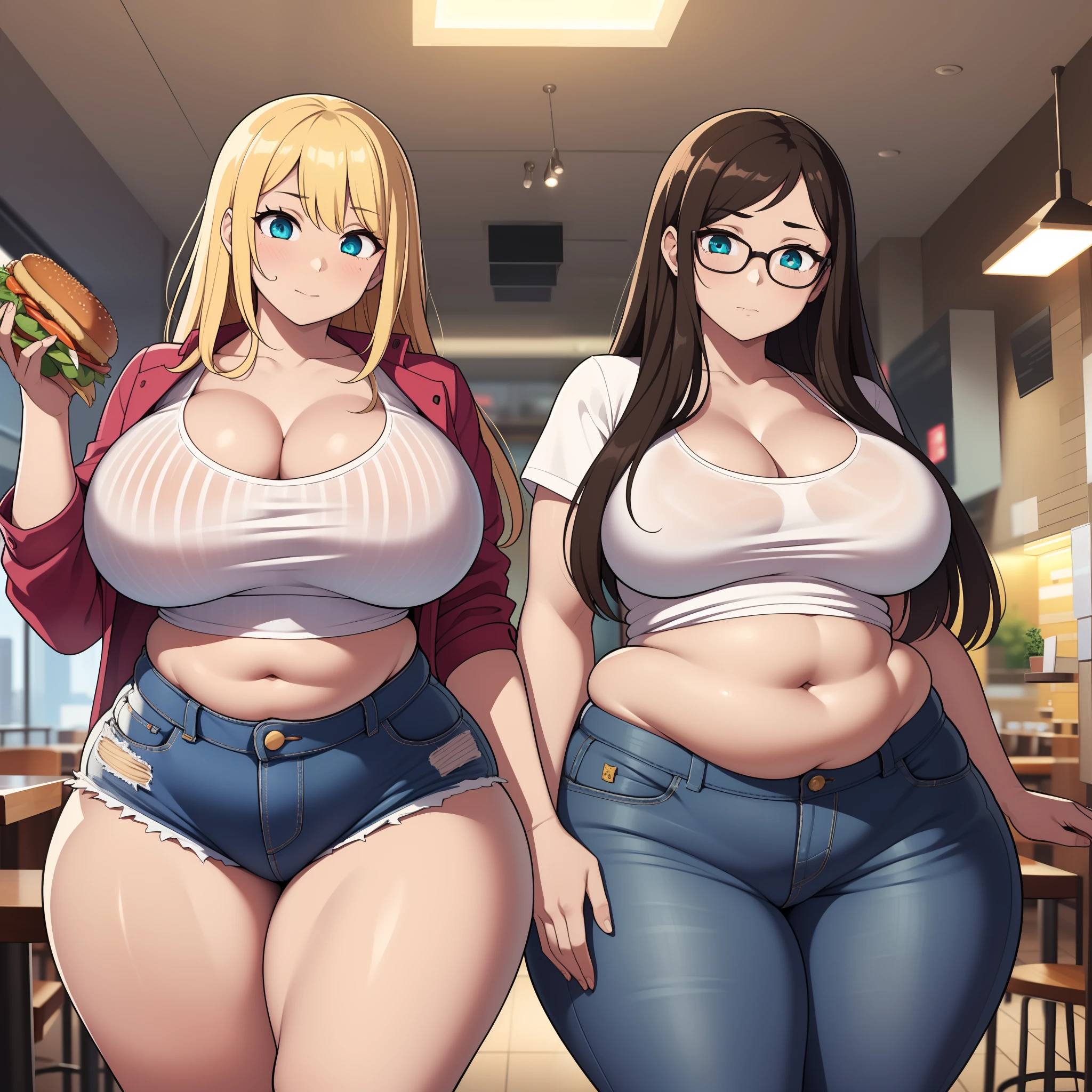 ((highres)), Masterpiece, high quality, best quality, beautiful, perfect lighting, detailed face, ultra cute face, ((2girls)), one girl has blonde hair, blue eyes, crop top and shorts skindentation, one girl has brown hair, green eyes, jeans, white shirt, thighs clothes, full body, fast food restaurant, medium breasts, perky breasts, cleavage, ((wide hips)), ((thick thighs)), ass, ((chubby)), pudgy belly, fat folds, standing, (belly grab)