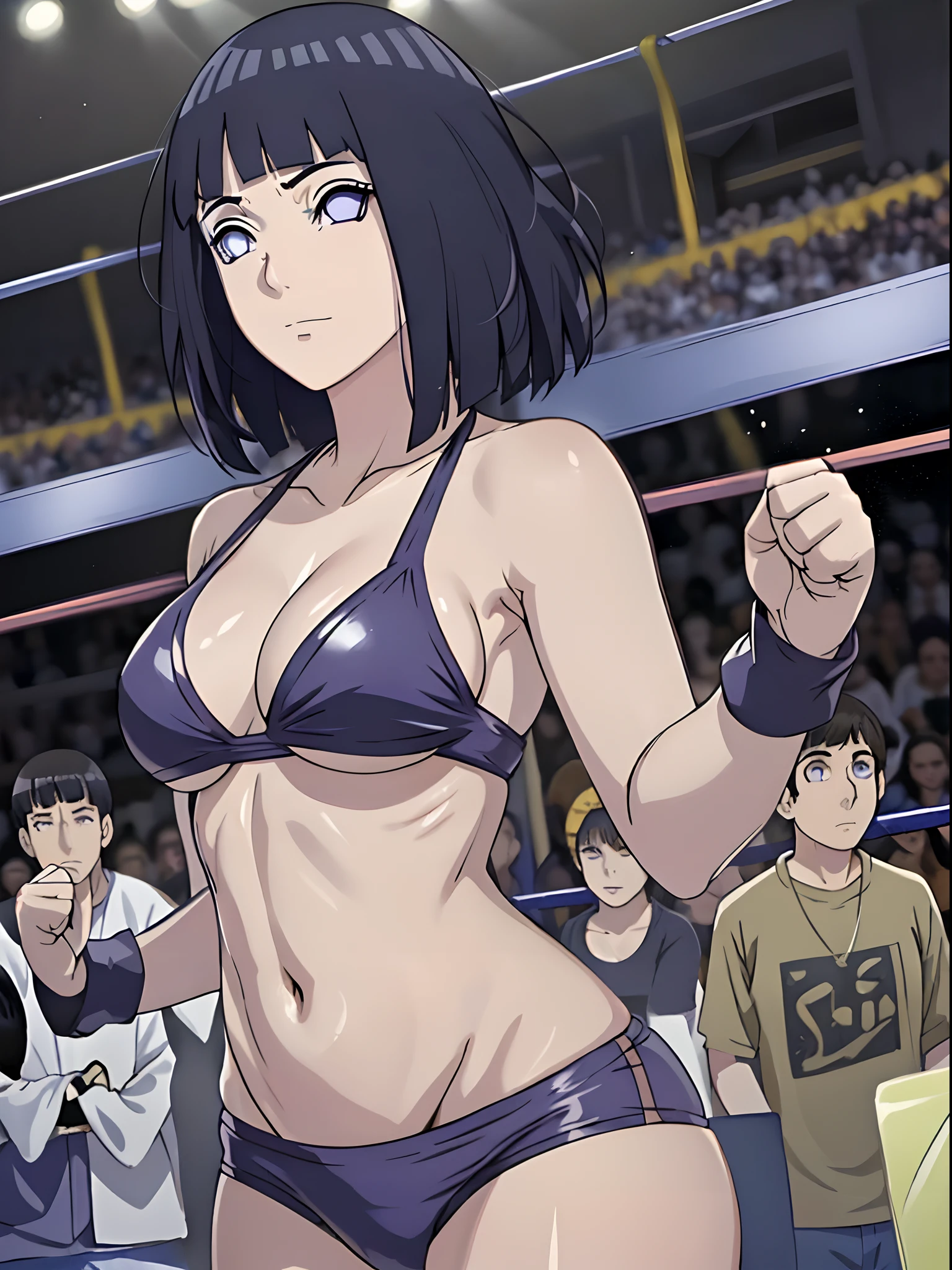 (ultra detailed body, ultra detailed face), solo, anime style, hires ((pro wrestling arena, pro wrestling match, crowd watching)), (hinata\(boruto\), (female wrestler), (slender body, broad shouders), mature woman, milf, (black bikini, ultra detailed pro wrestling gear), victorious, gorgeous, winner, confident face, closed mouth, (pale skin, shiny skin, lighting and shadow), (dark blue hair color:1.1), wavy hair, ((short hair, hime cut, floating hair), big breasts, (fighting stance), (long belly), (closed fists), seductive, (perfect eyes, white sciera, bright eyes, white eyes, anime eyes, looking at the viewer)