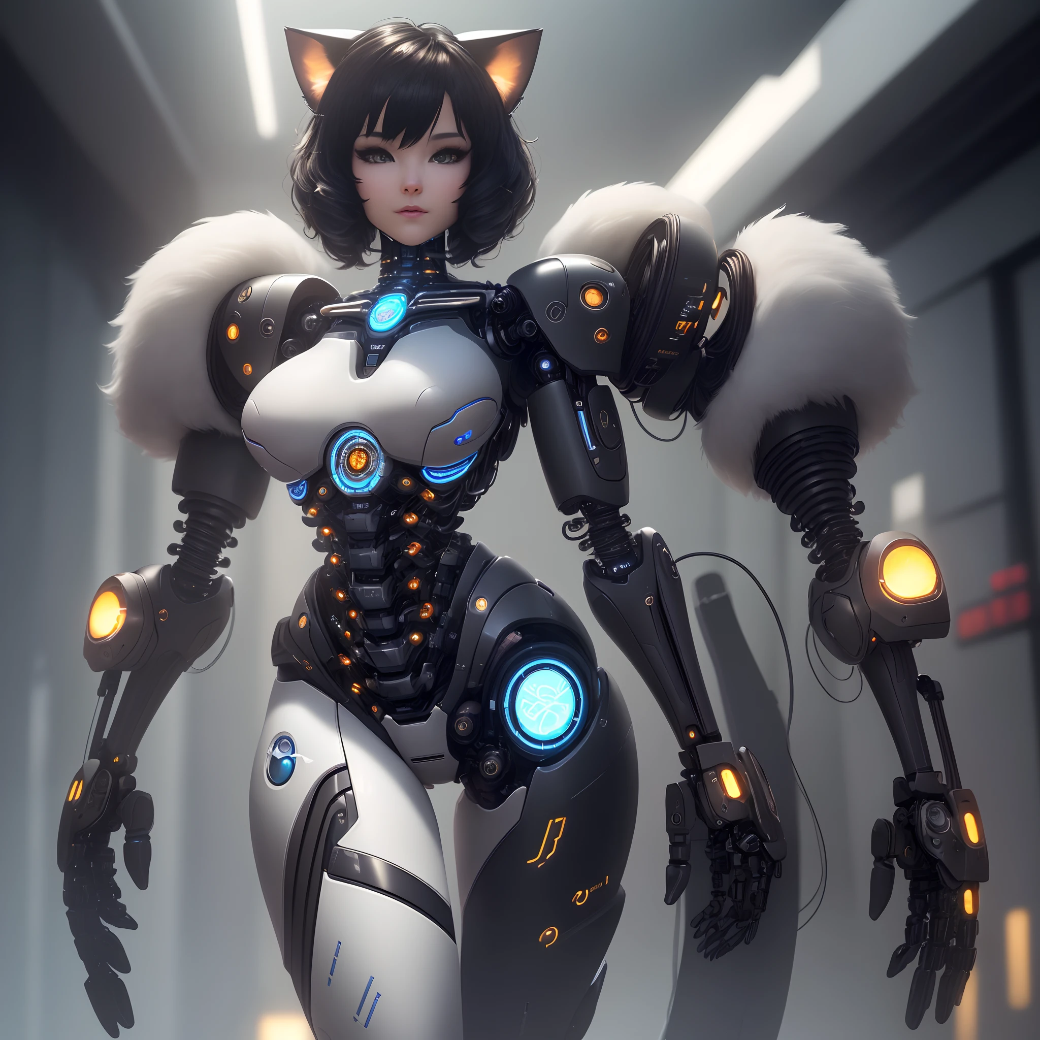 ((furry, cyborg anthropomorphic furry cat)), (best quality: 1.2)), (complex 3d render ultra detailed), (realistic eye details: 1.2), ((robotic parts with wires and circuits)), beautiful soft light, rim light, vibrant details, luxurious cyberpunk, hyperrealistic, anatomical, facial muscles, (electrical wires cable: 1.2), microchip, elegant, beautiful background, octane render, APPLE style, best quality, masterpiece, illustration, extremely delicate and beautiful, CG, unit, wallpaper, (realistic, photo-realistic: 1.2), amazing, fine details, masterpiece, best quality, official art, extremely detailed CG unit 8k wallpaper, incredibly absurd, sexy robot, skeleton mechanical cat, android, surrealism, doomsday, (high-tech prosthetics: 1.2), short black fluffy hair, perfect body, intricate dark blue blood vessels, pov, blurry foreground,woman