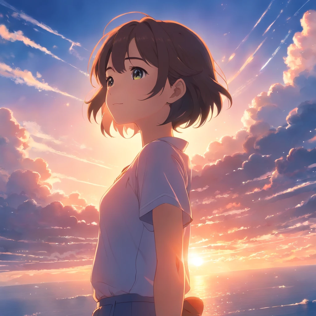 masterpiece, best quality, movie still, 1girl, cloud girl, floating in the sky, close-up, bright, happy, warm soft lighting, sunset, (sparks:0.7)