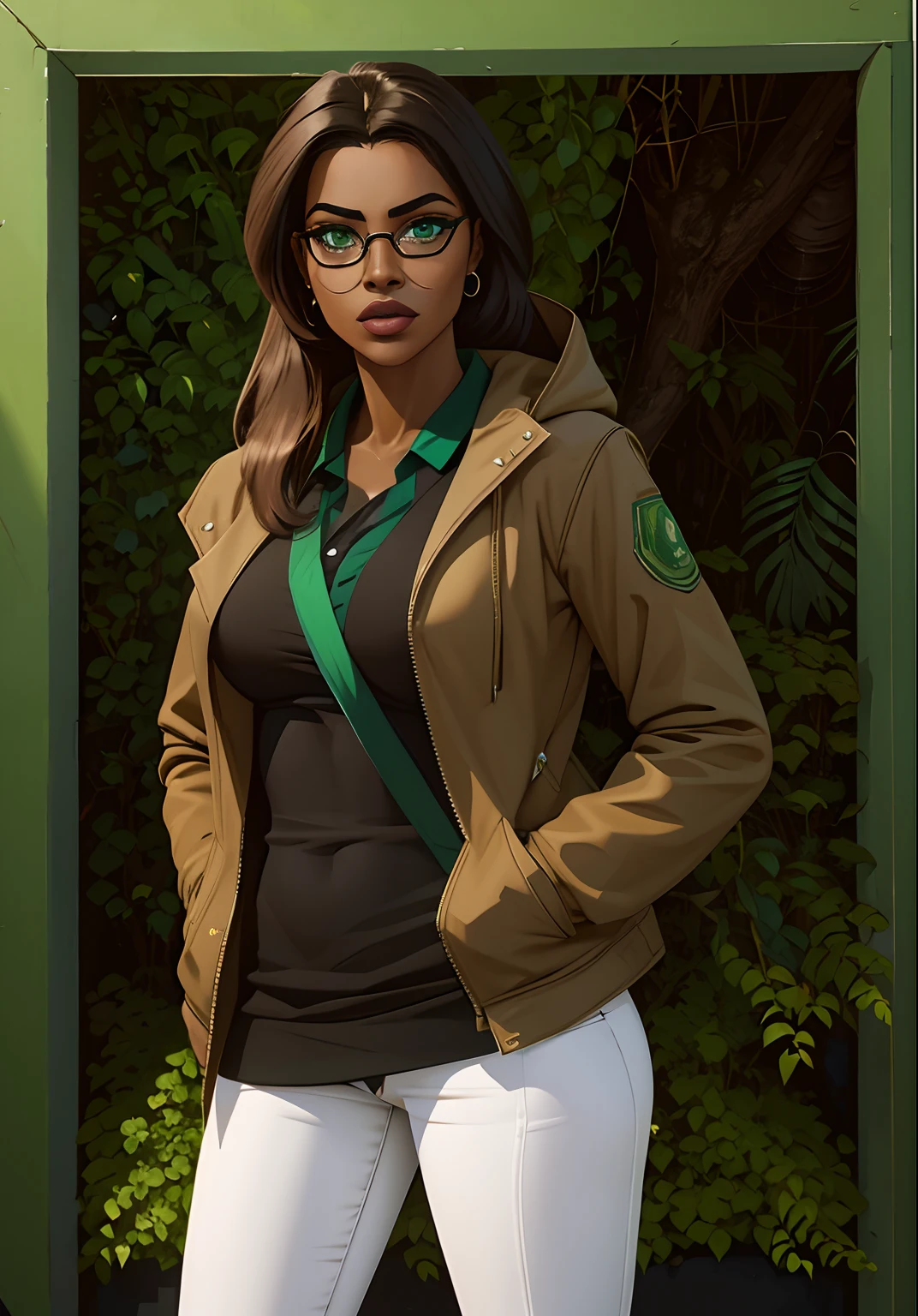 mulher negra, lindos olhos verdes, eyeglass, vestindo roupas modernas, reporter, estilo quadrinhos