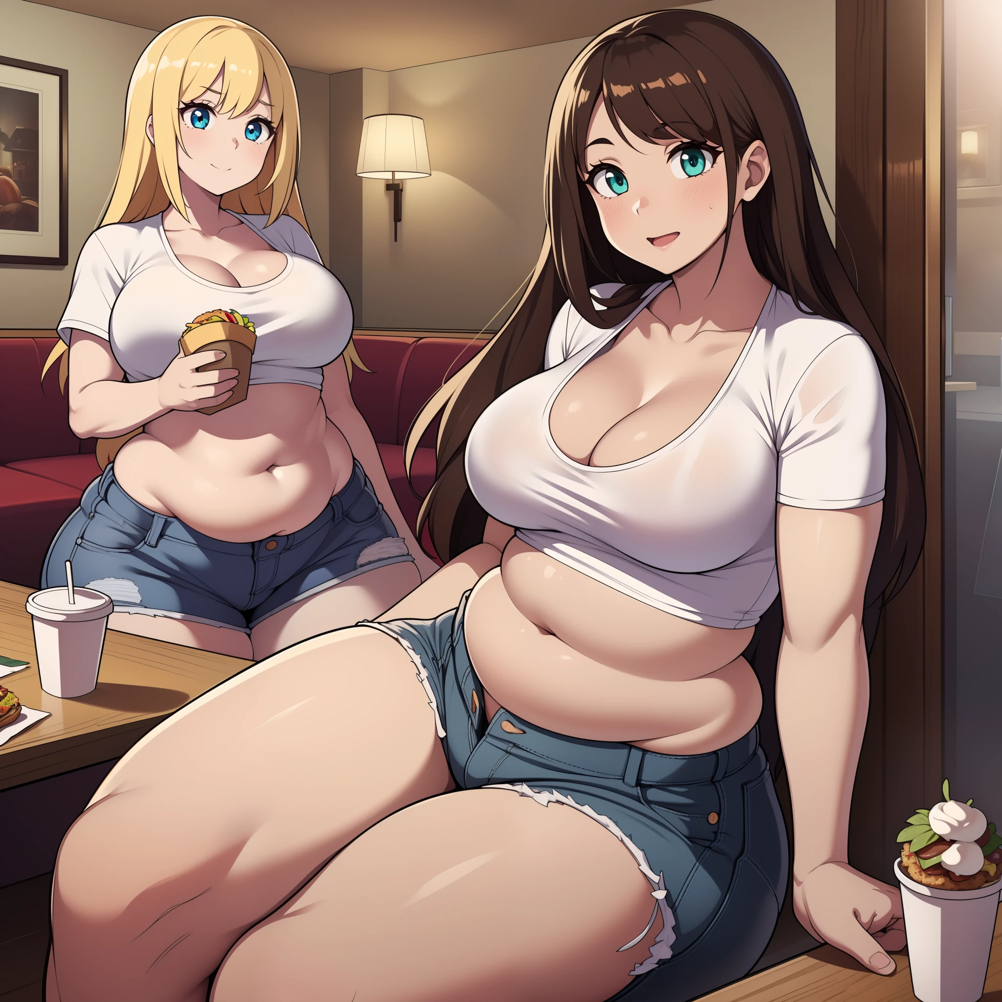 ((highres)), Masterpiece, high quality, best quality, beautiful, perfect lighting, detailed face, ultra cute face, ((2girls)), one girl has blonde hair, blue eyes, crop top and shorts skindentation, one girl has brown hair, green eyes, jeans, white shirt, thighs clothes, full body, fast food restaurant, medium breasts, perky breasts, cleavage, ((wide hips)), ((thick thighs)), thicc, ass, ((chubby)), pudgy belly, fat folds, sitting at table, (belly grab)
