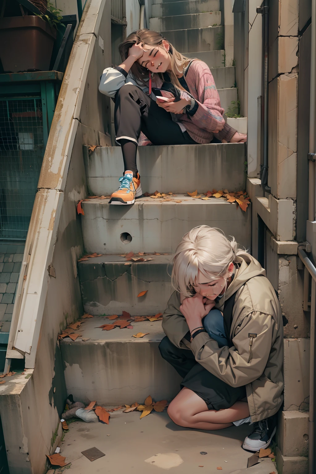 {{Male and female couples}} female is crying, they are in the stairs, male not caring