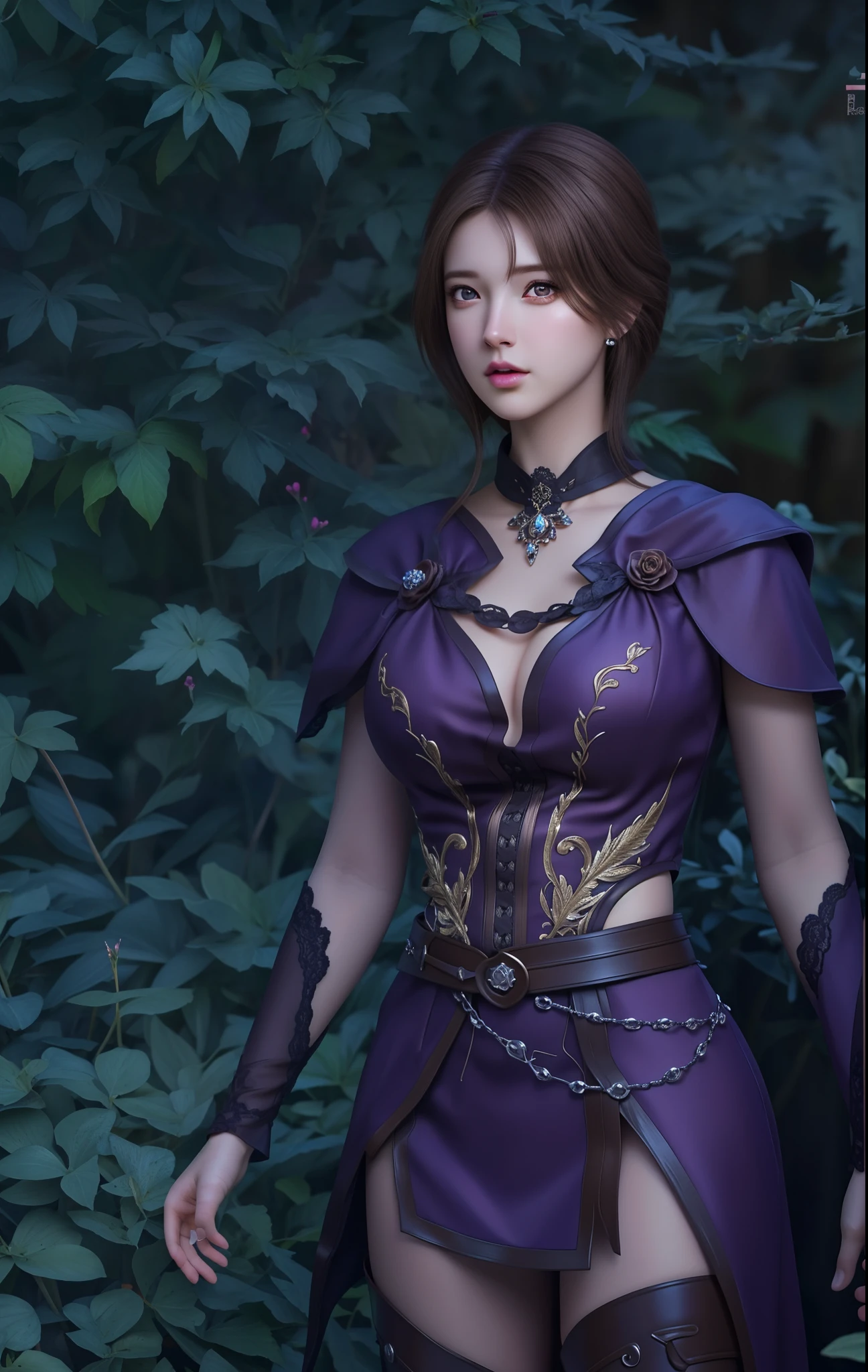 (hyperrealistic), (illustration), (high resolution), (8K), (extremely detailed), (best illustration), (beautiful detailed eyes), (best quality), (ultra-detailed), (masterpiece), (wallpaper), (photorealistic), (natural light), (rim lighting), (detailed face), (high detailed realistic skin texture), (anatomically correct), (solo), (1 girl), (high detailed realistic hair), (dark purple hair:1.3), (heterochromic eyes), (detailed eyes), (light brown eyes:1.37), (sparkling eyes), (realistic big breasts:1.5), (exposed breasts:1.35), (long legs), (slender abs), (dynamic pose), (closed tiny mouth:1.3), nsfw, concentrated expression.