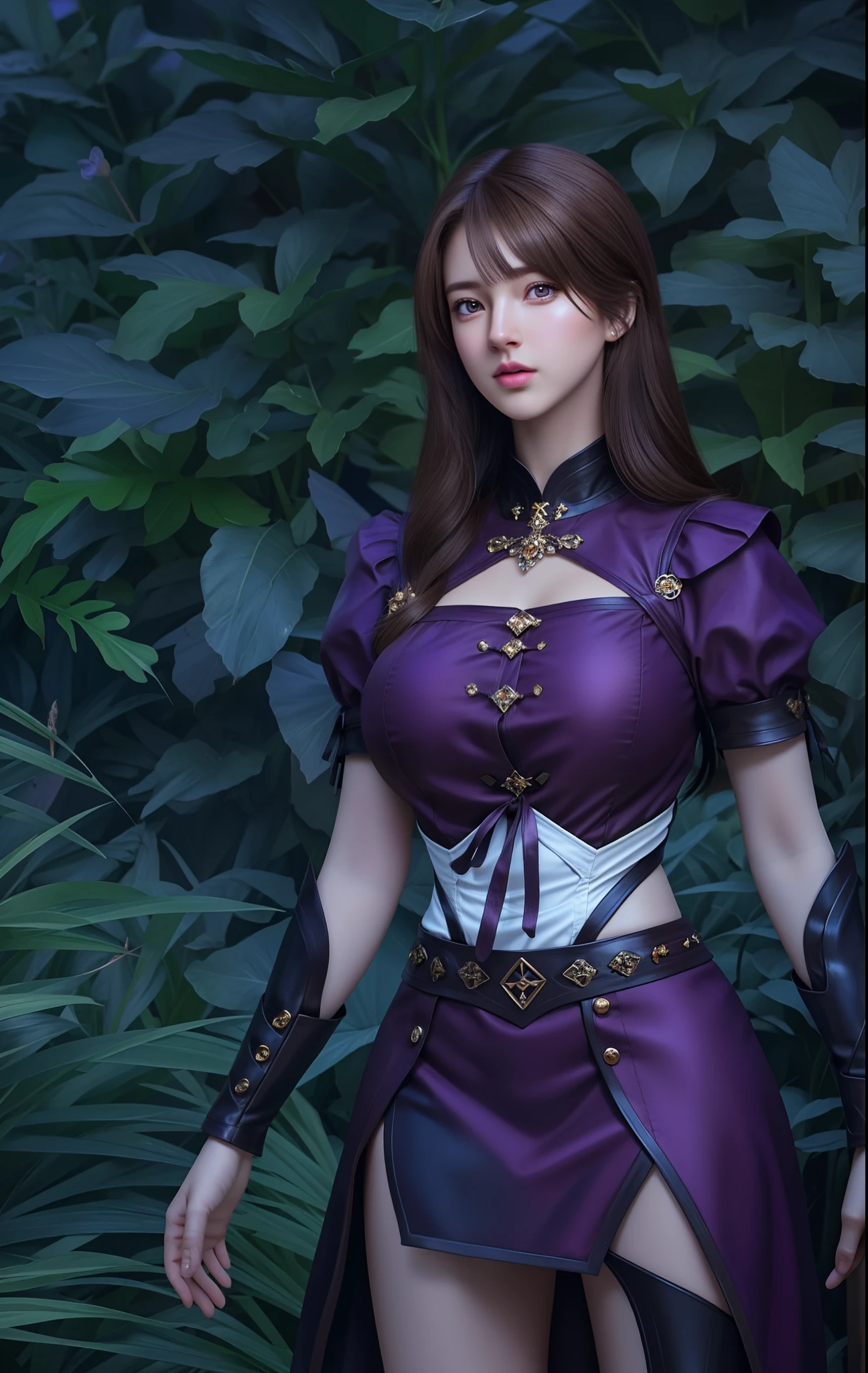 (hyperrealistic), (illustration), (high resolution), (8K), (extremely detailed), (best illustration), (beautiful detailed eyes), (best quality), (ultra-detailed), (masterpiece), (wallpaper), (photorealistic), (natural light), (rim lighting), (detailed face), (high detailed realistic skin texture), (anatomically correct), (solo), (1 girl), (high detailed realistic hair), (dark purple hair:1.3), (heterochromic eyes), (detailed eyes), (light brown eyes:1.37), (sparkling eyes), (realistic big breasts:1.5), (exposed breasts:1.35), (long legs), (slender abs), (dynamic pose), (closed tiny mouth:1.3), nsfw, concentrated expression.