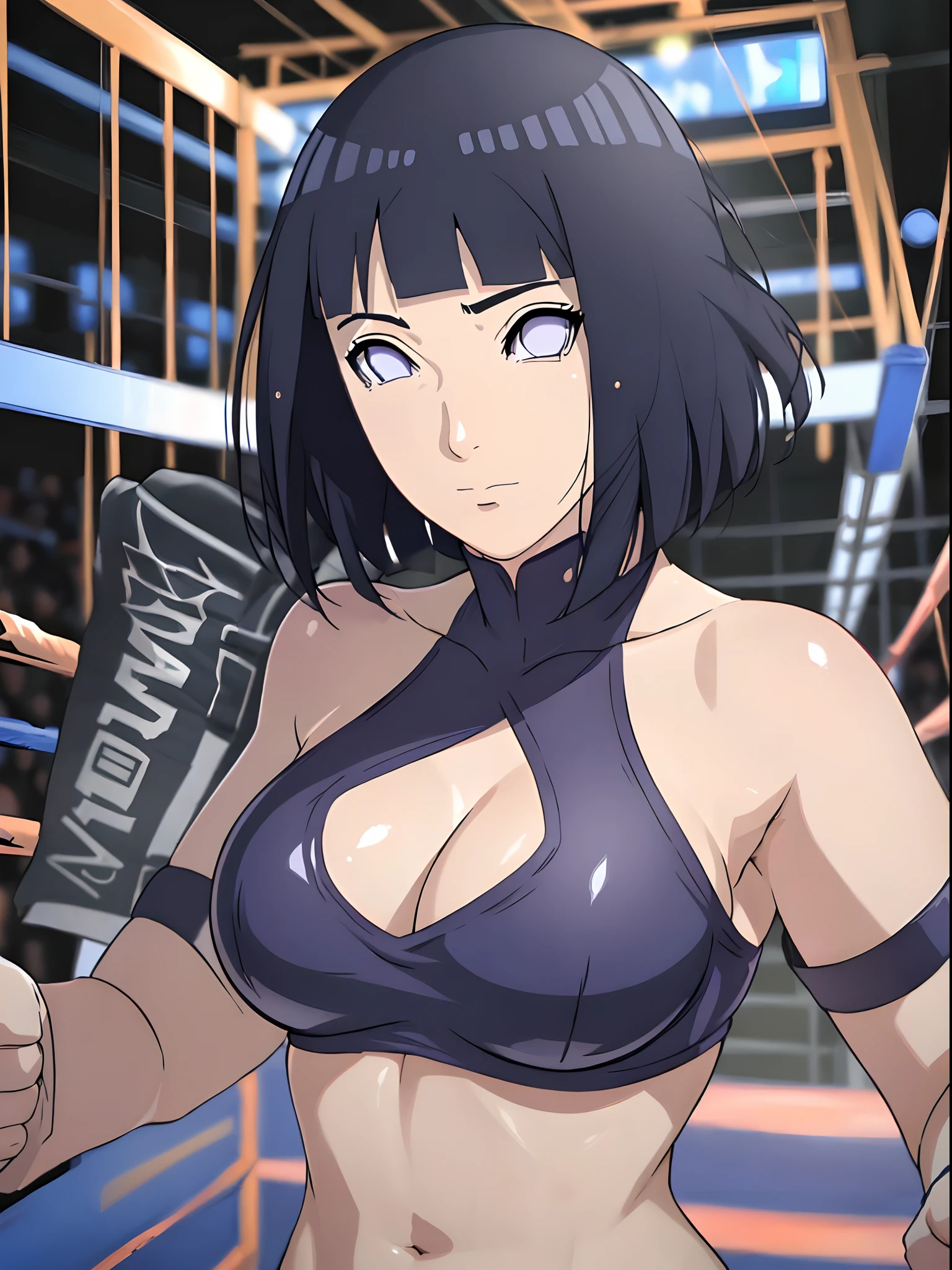 (ultra detailed body, ultra detailed face), ((solo)), anime style, hires ((pro wrestling arena, pro wrestling match, crowd watching)), (hinata\(boruto\), (female wrestler), (slender body, broad shouders), mature woman, milf, (black bikini, ultra detailed pro wrestling gear), victorious, gorgeous, winner, confident face, closed mouth, (pale skin, shiny skin, lighting and shadow), (dark blue hair color:1.1), wavy hair, ((short hair, hime cut, floating hair), big breasts, (fighting stance), (long belly), (closed fists), seductive, (perfect eyes, white sciera, bright eyes, white eyes, anime eyes, looking at the viewer)