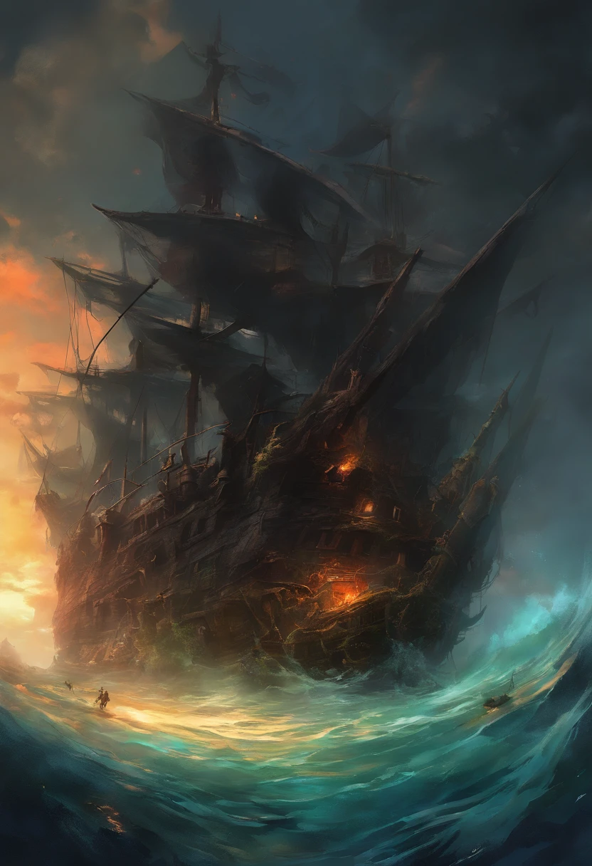(Deep Black Sea:1.5),(//Ghost ship in ruins:1.3//)+(A giant ship sunk at the bottom of the sea:1.3),Schools of octopus,Shipwreck remains,
