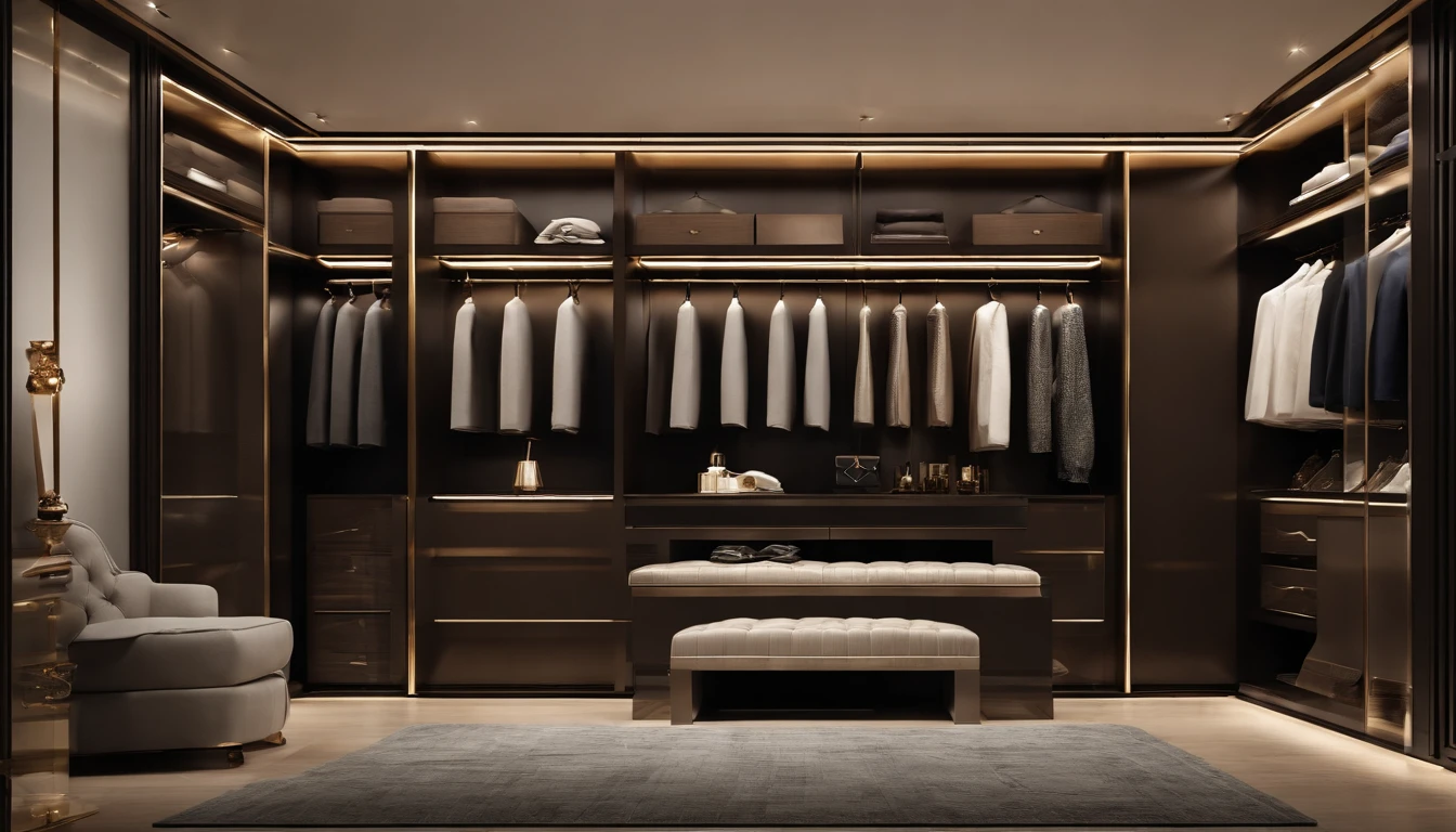 Walk-in closet view，With bench and mirror,The color of the wardrobe door panel is dark brown elegant wardrobe, elegant futuristic wardrobe, luxury item showcase, luxurious environment, luxury hd render, gold and luxury materials, luxury fashion, Luxury materials, elegant and refined, Neat and tidy, luxury brand, Modern style, Luxurious, LuxuryLifestyle, inspo, true realistic image, neo - classical, neo-classical