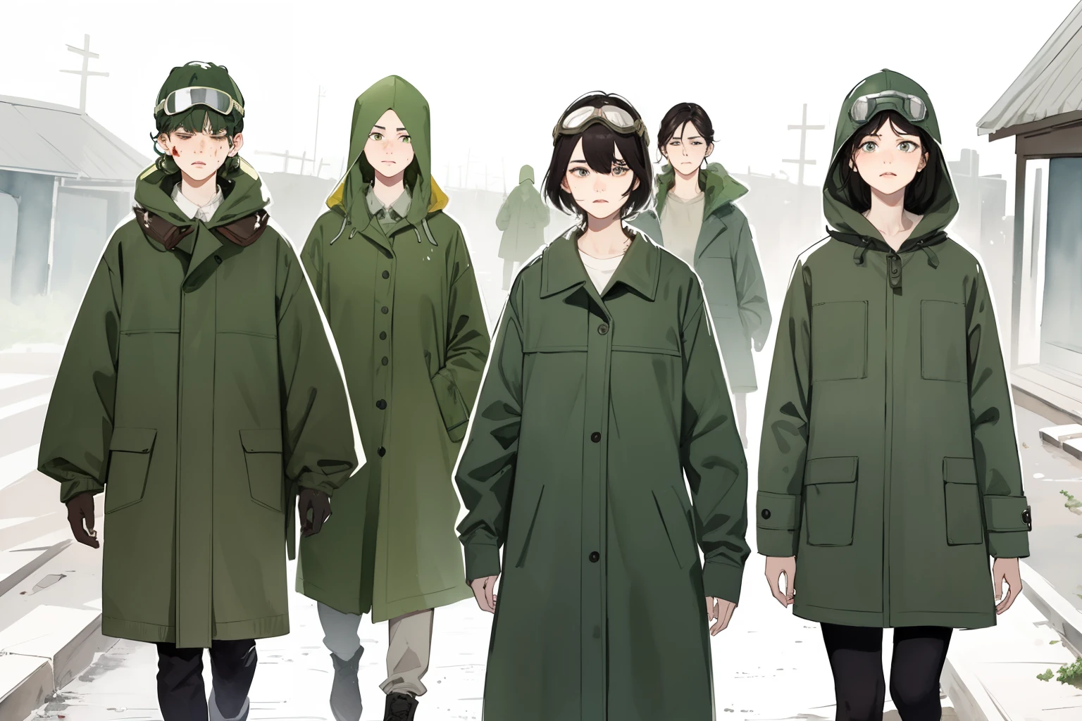 masterpiece, best quality, a group of girls, procession, (closeup face), 18yo , slim, small breast, side view, walk, scared, tired, dirty face, green raincoat, goggles on head, (backpacks), military shoes, rain, wasteland, ruins, grey, desolate, rain, dark, soft light, watercolor
